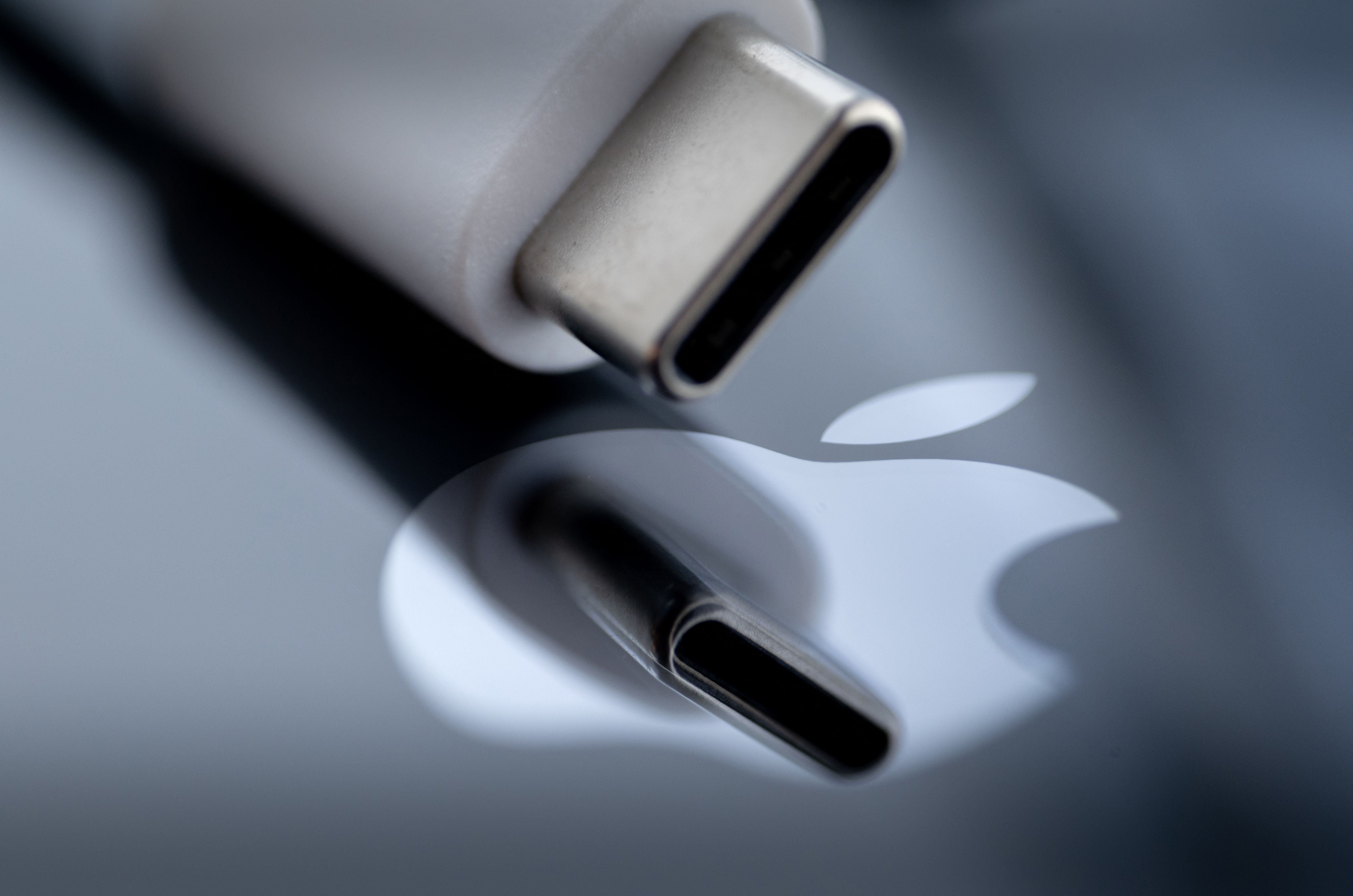 <p>This photograph taken on 14 September 2023, shows a USB-C plug reflected on the Apple logo in Brest, western France</p>