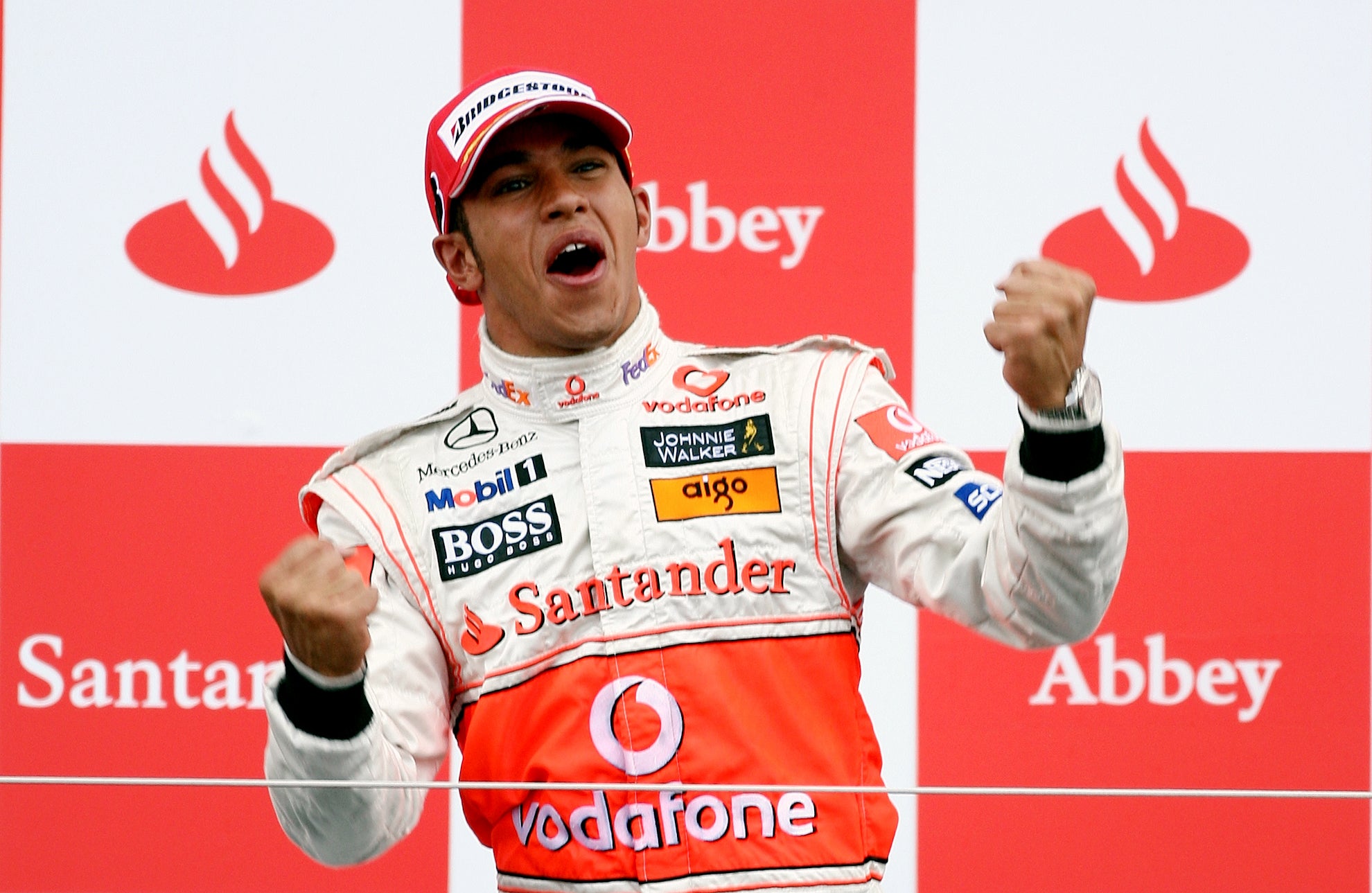 Lewis Hamilton celebrated after winning the 2008 British Grand Prix (David Davies/PA)