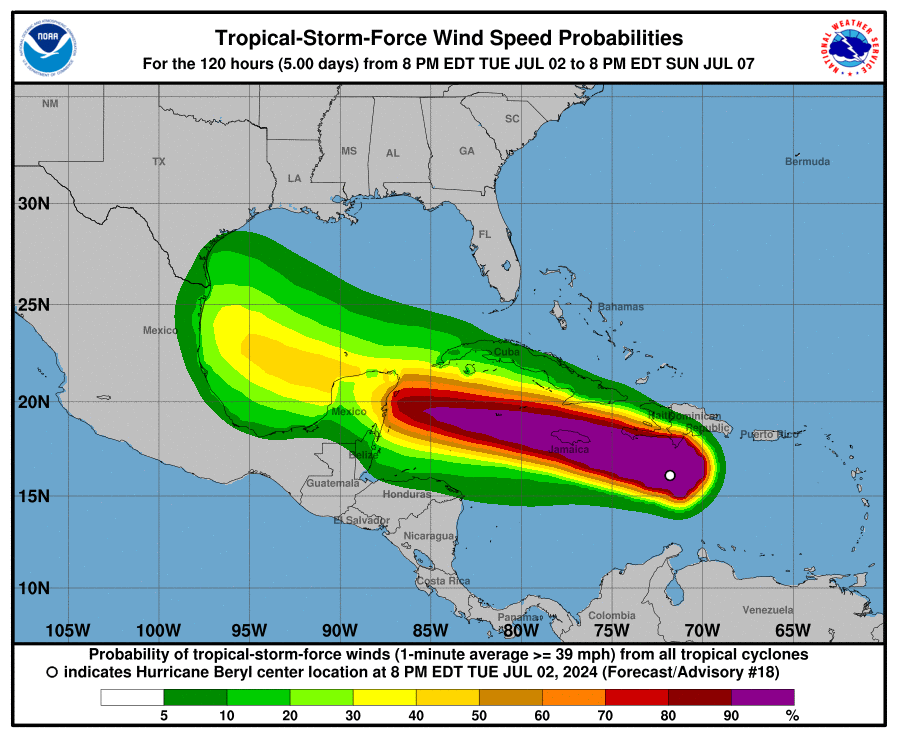 Map shows wind speed probabilities from Hurricane Beryl
