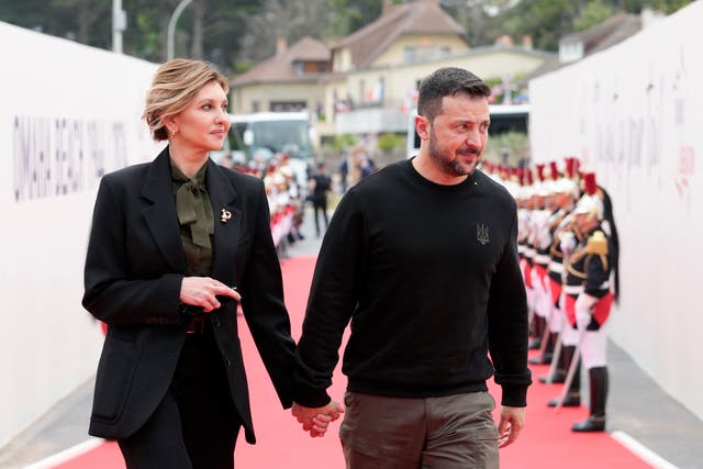<p>Volodymyr Zelensky and his wife Olena Zelenska arrive to attend the International commemorative ceremony in Normandy, France</p>