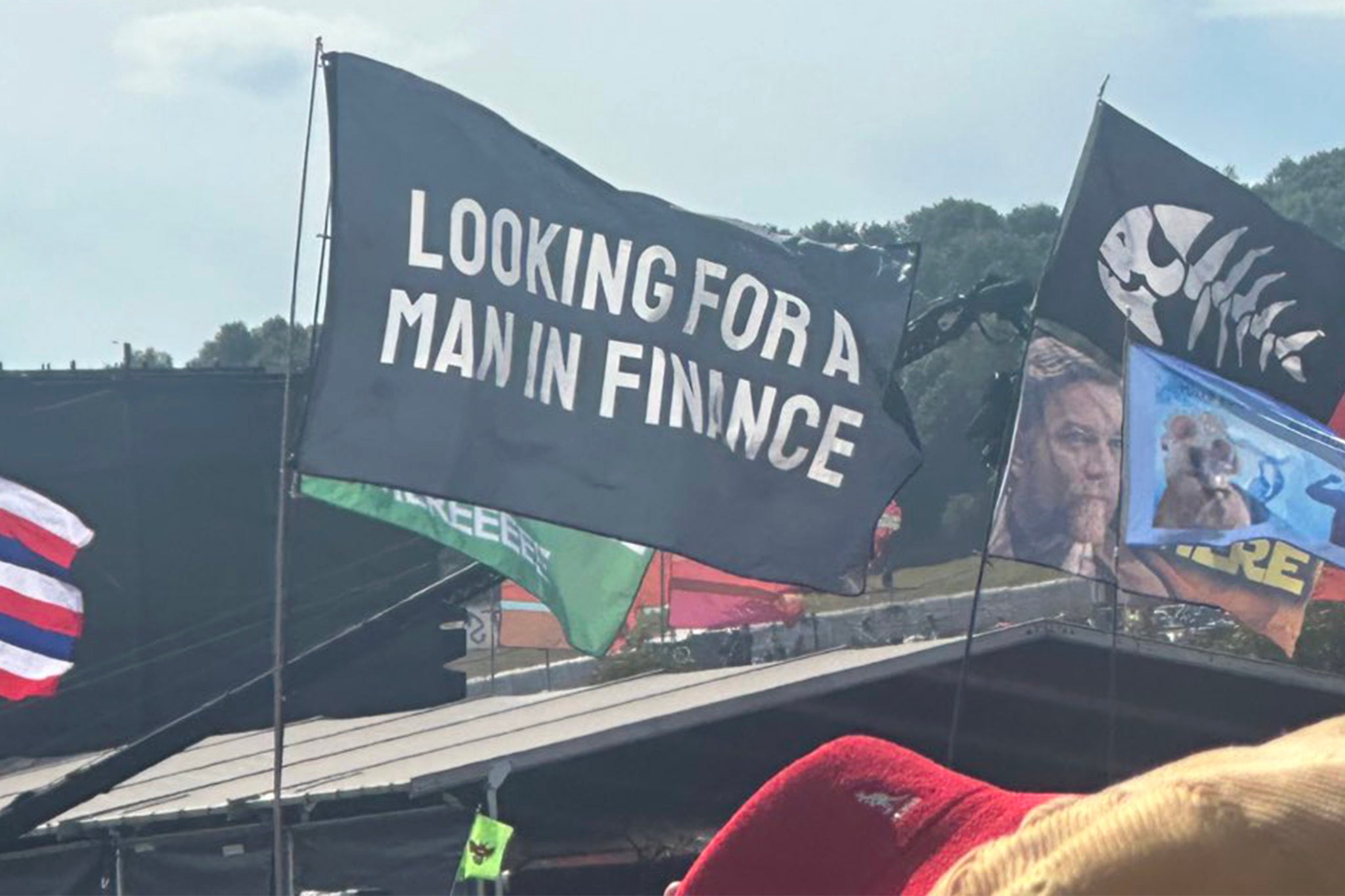 One of the many ‘man in finance’ flags at the festival