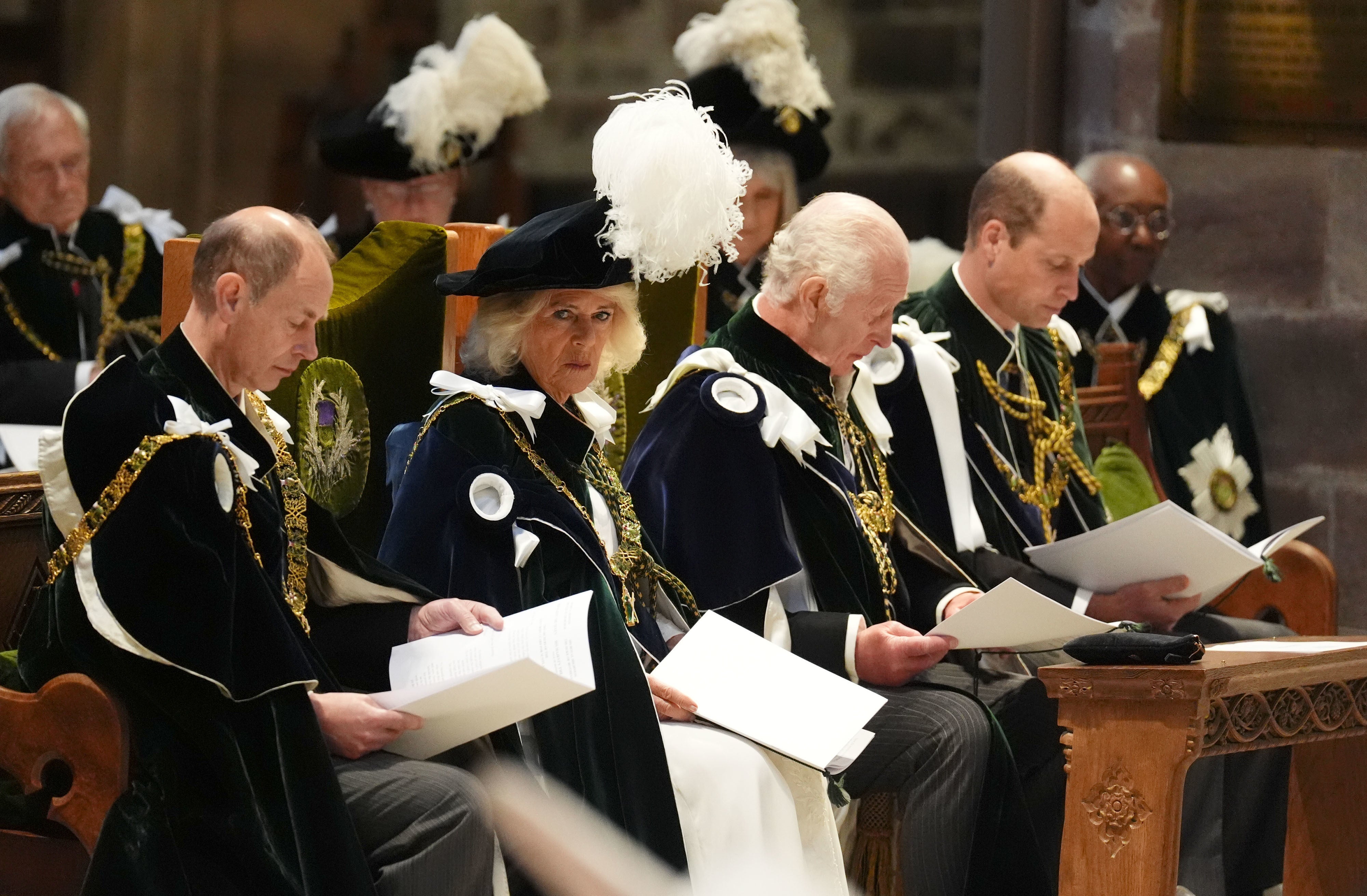 (l to r, front row) The Duke of Edinburgh, the Queen, the King and the Prince of Wales, known as the Duke of Rothesay when in Scotland, attend the Order of the Thistle Service at St Giles’ Cathedral in Edinburgh (Andrew Milligan/PA)