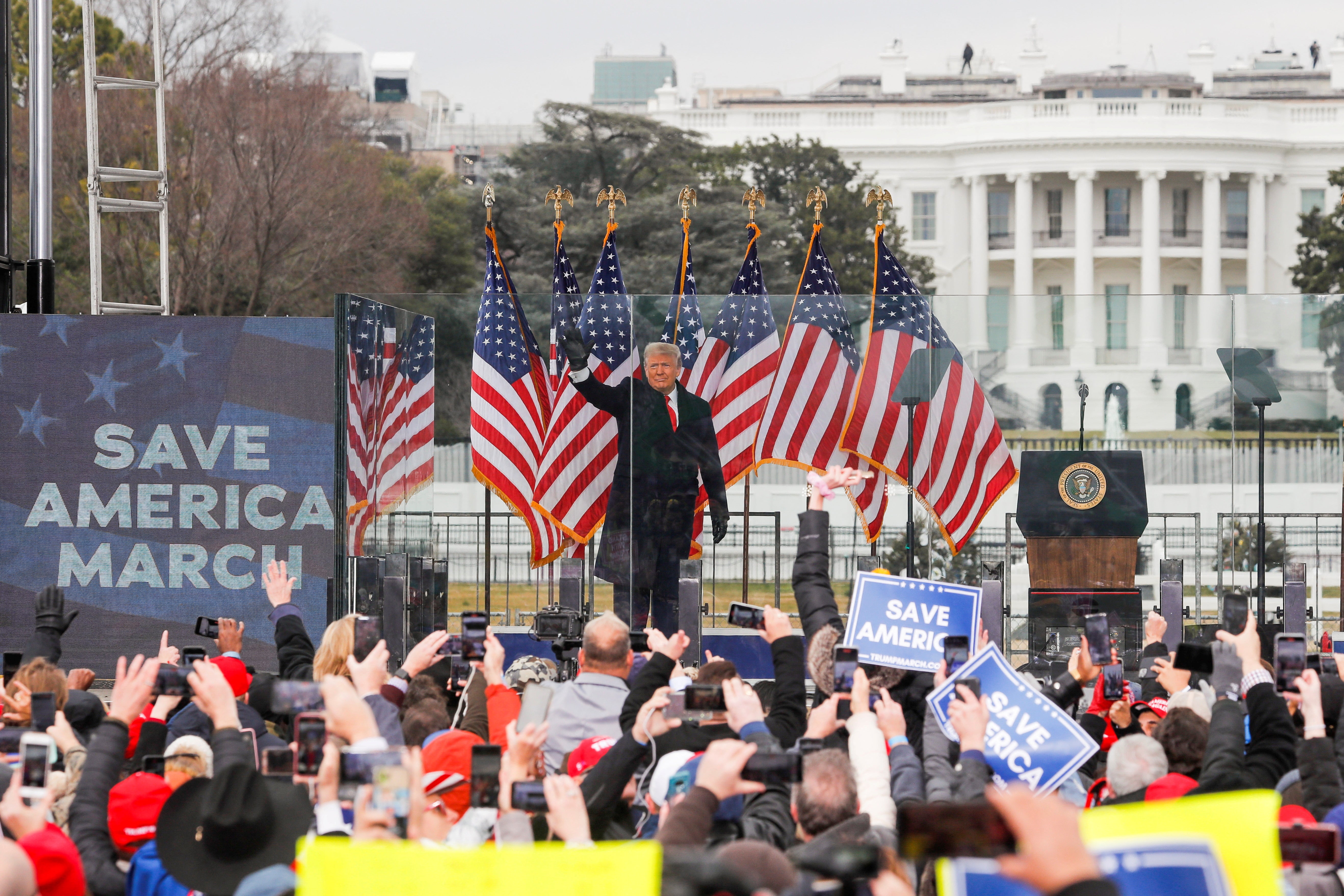 Donald Trump addresses supporters in Washington DC on January 6, 2021, before a mob stormed the Capitol to block the certification of Joe Biden's election.