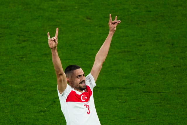 <p>Turkey's Merih Demiral celebrates after scoring his side second goal</p>