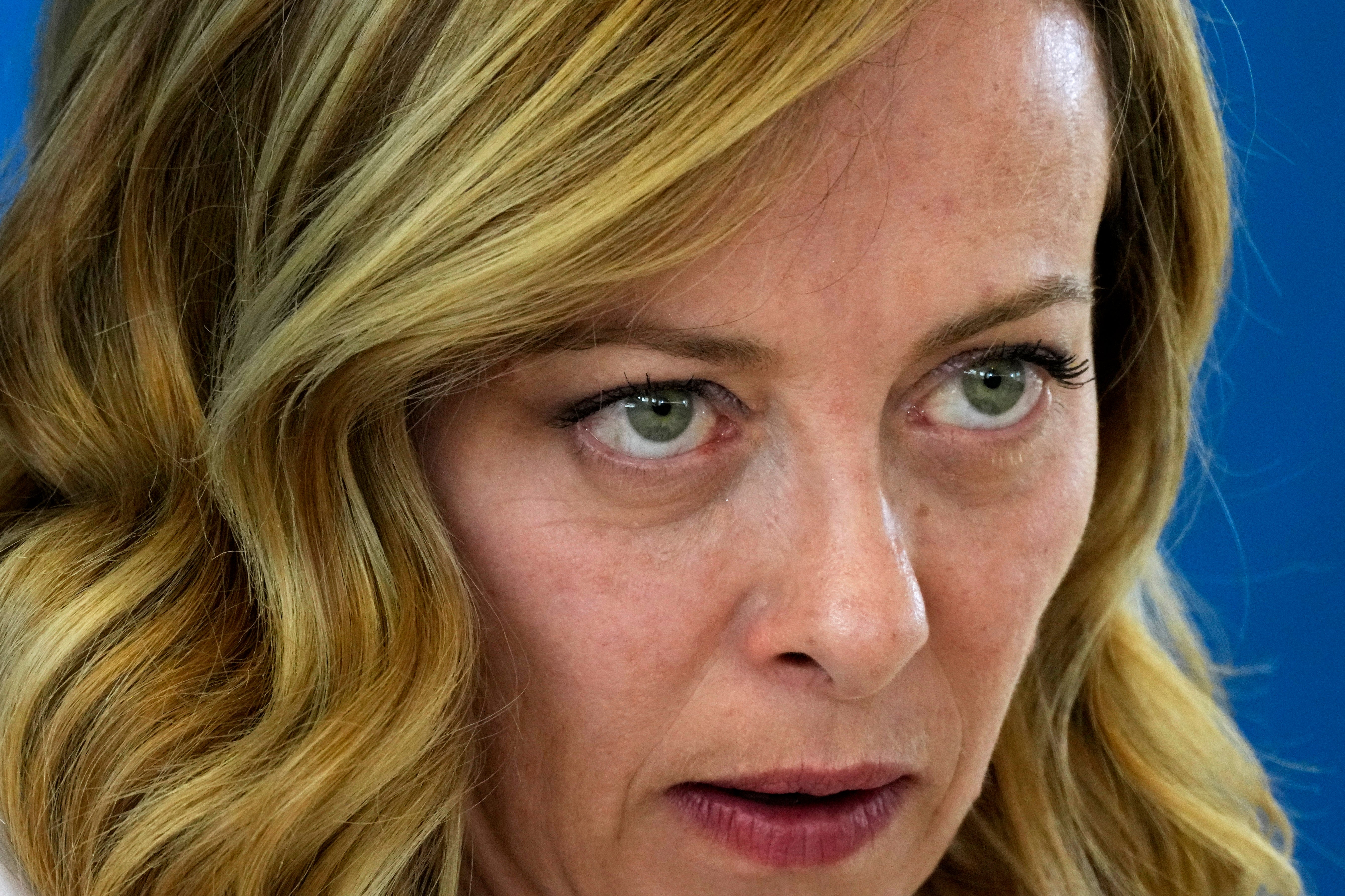 Italian Prime Minister Giorgia Meloni speaks during a final media conference at the G7 in Borgo Egnazia, near Bari in southern Italy