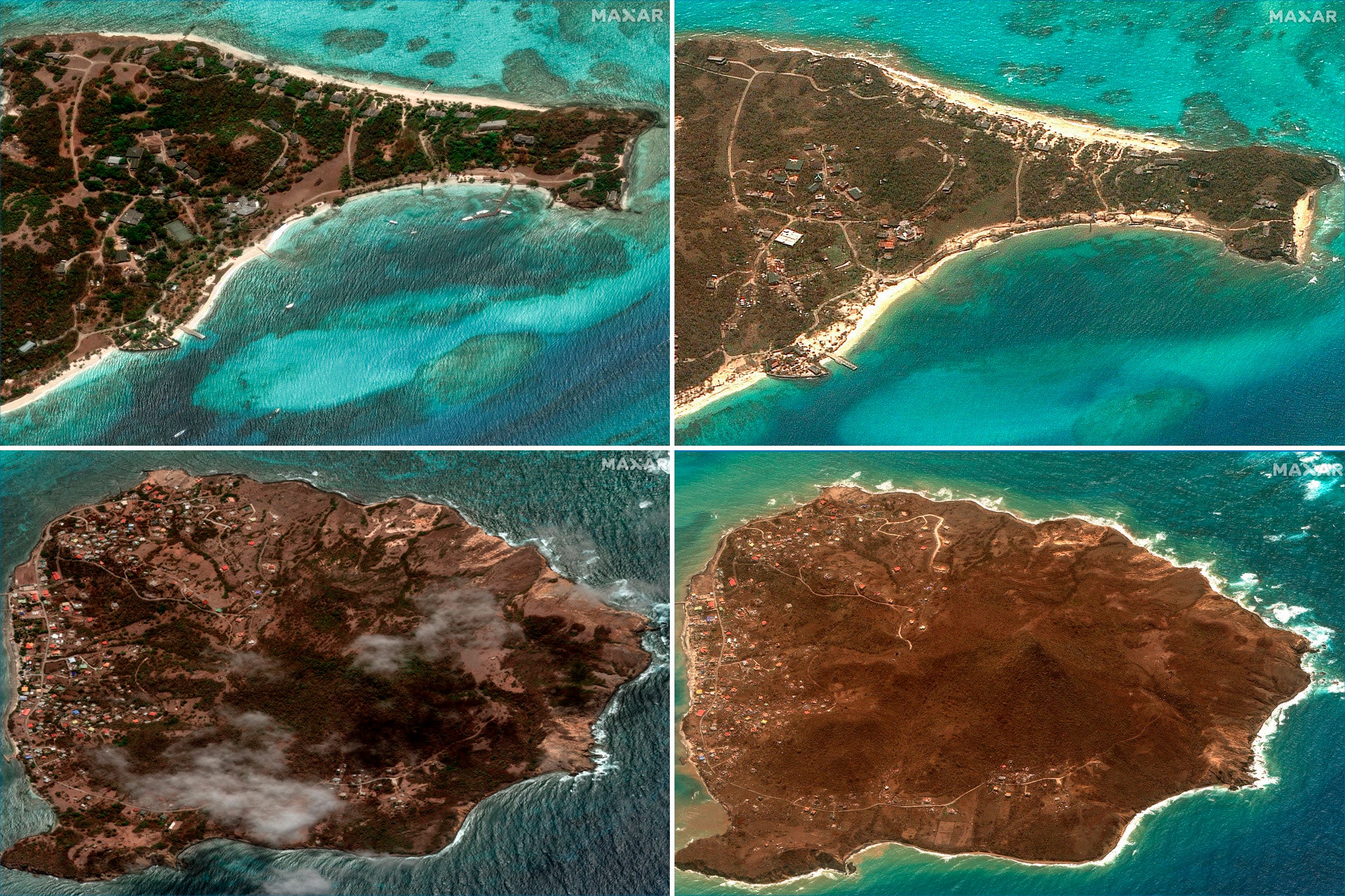 Fotografiile înainte și după arată devastarea pe scară largă cauzată de beril pe insula Petite Martinique din Grenada și insula Petite Saint Vincent din Saint Vincent și Grenadine