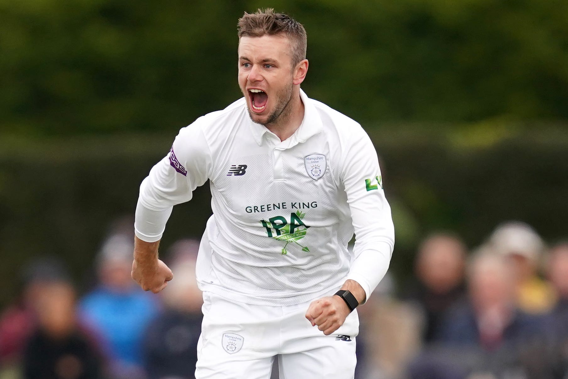 Hampshire’s Mason Crane celebrates the wicket of Lancashire’s Josh Bohannon during day three of the LV= Insurance County Championship division one match at Aigburth Cricket Ground, Liverpool. Picture date: Thursday September 23, 2021.