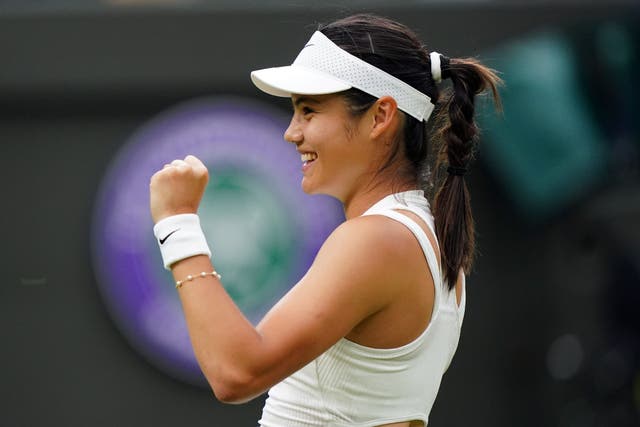 Emma Raducanu celebrates beating Elise Mertens (Zac Goodwin/PA)