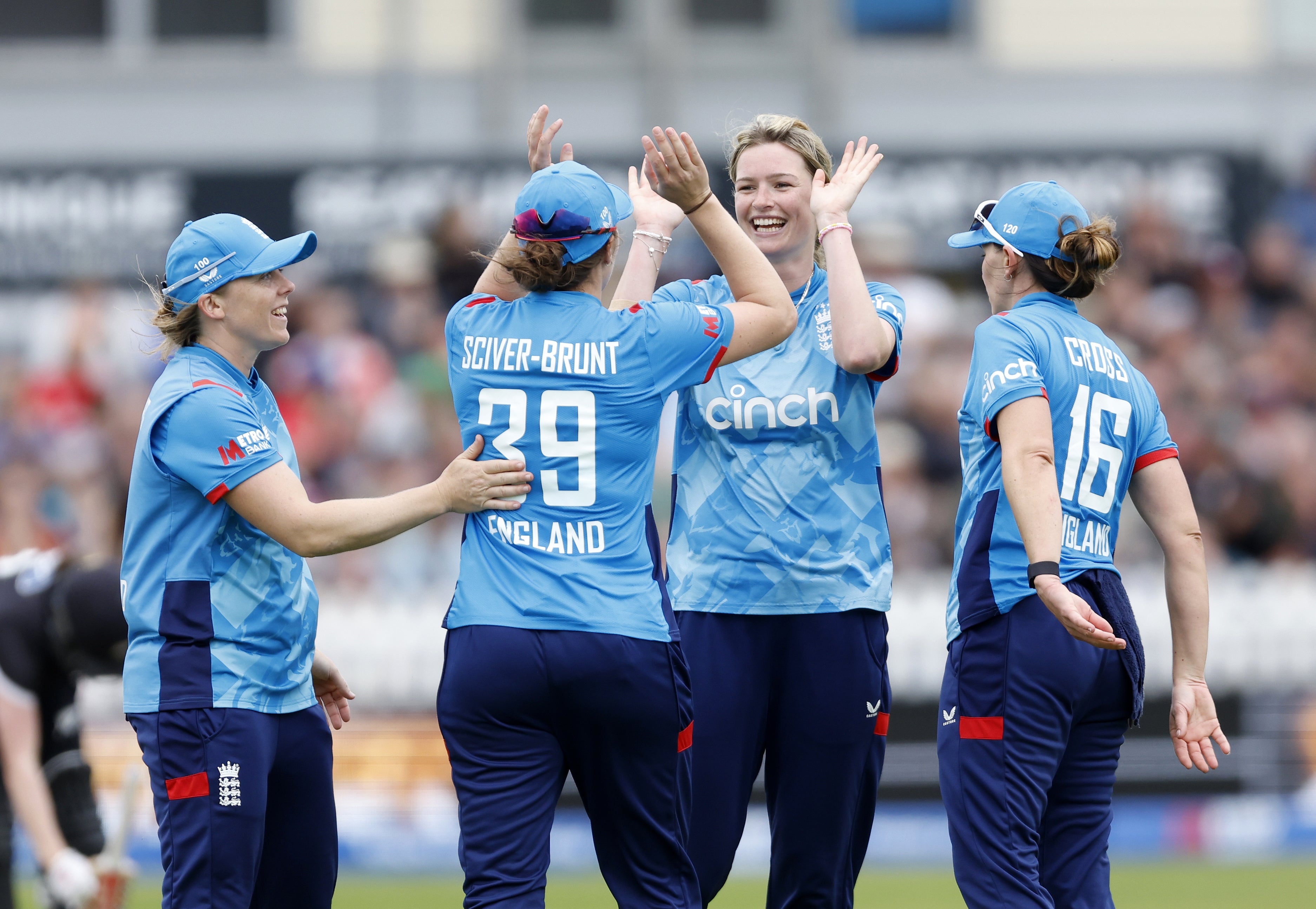 England’s Lauren Bell (centre right) celebrates taking the wicket of New Zealand’s Isabella Gaze (not pictured) at Bristol (Nigel French/PA)
