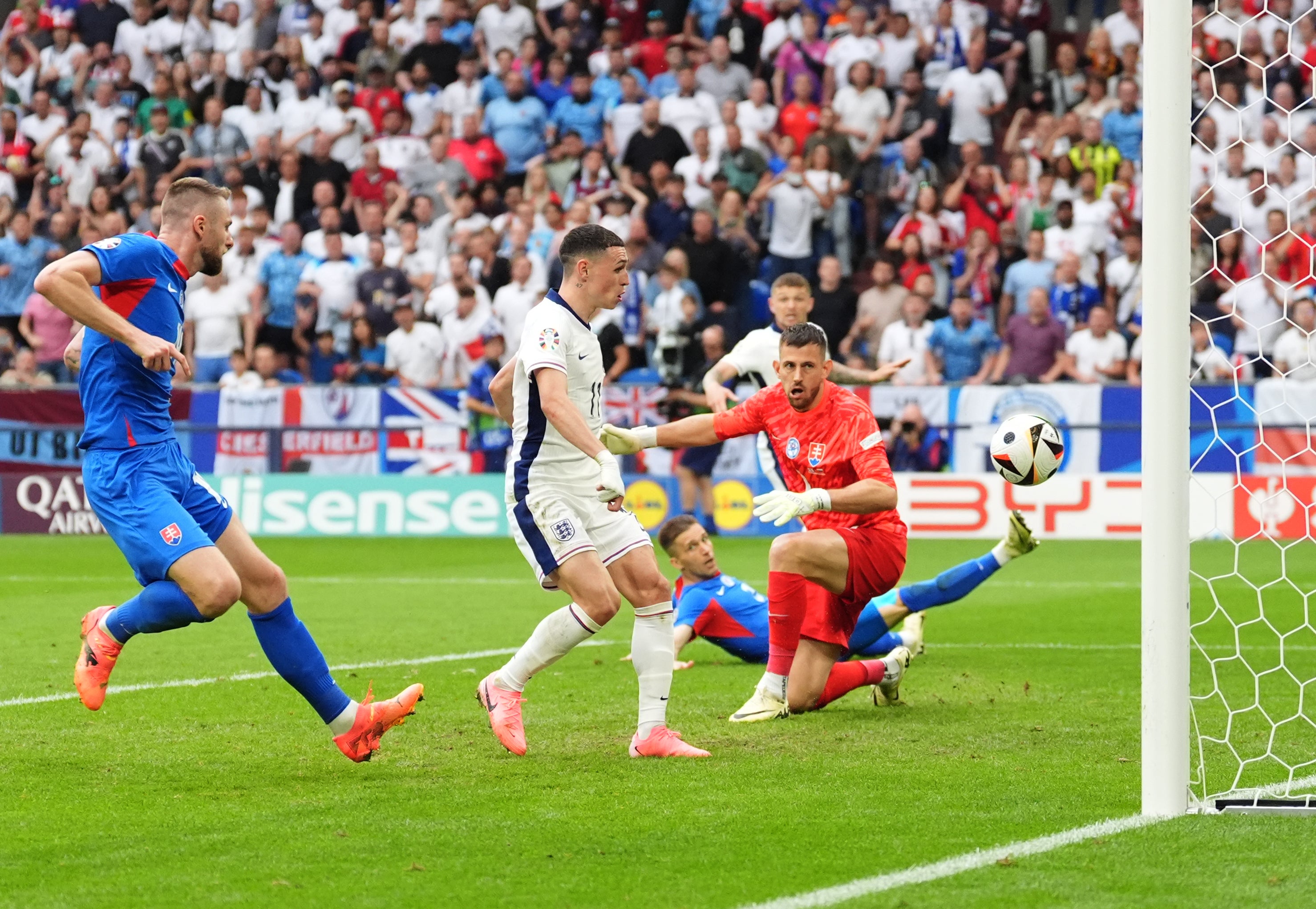 England’s Phil Foden scores before the goal is ruled out for offside during the game against Slovakia. (Adam Davy/PA)