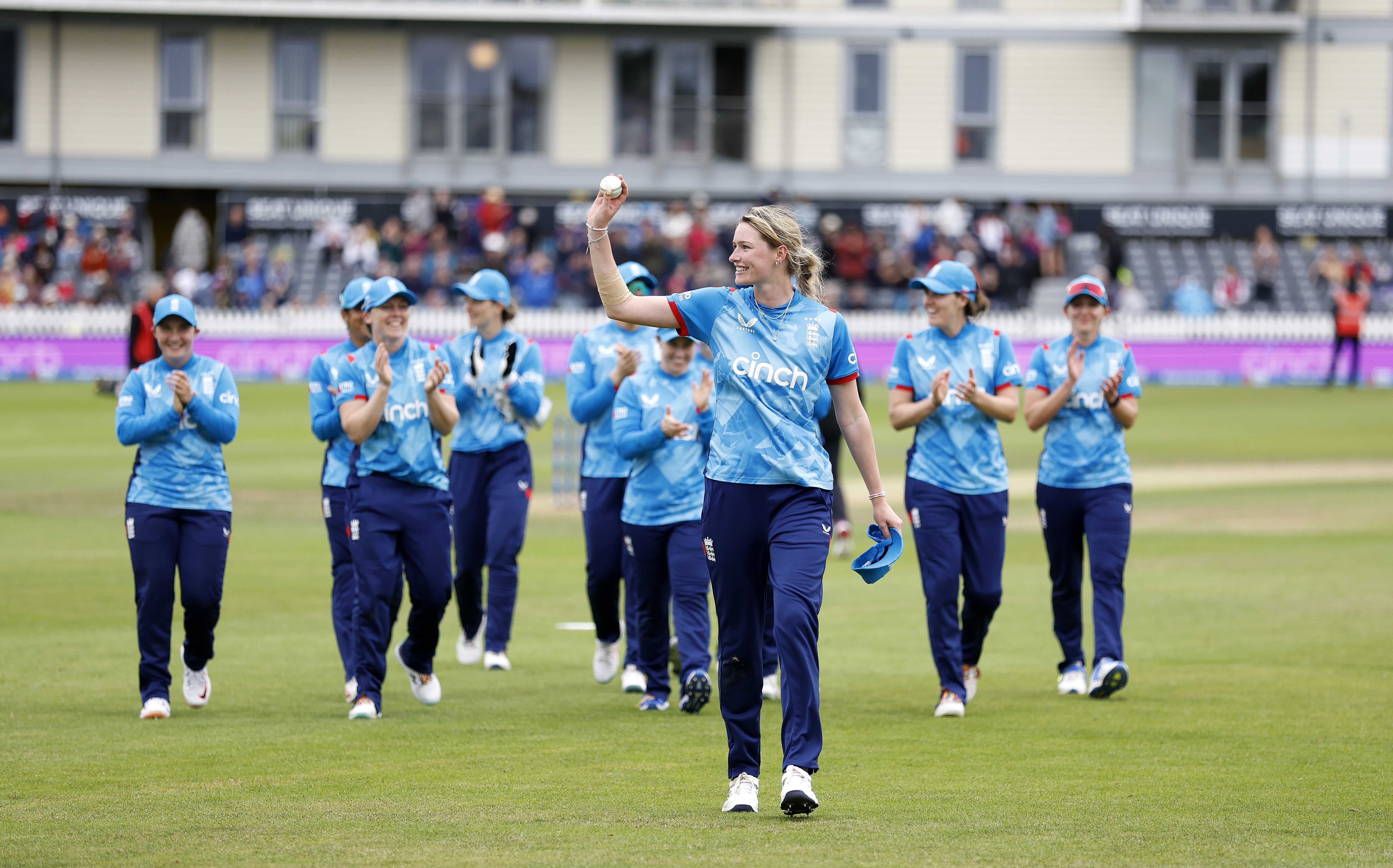 England’s Lauren Bell takes the plaudits after her career-best five-wicket haul against New Zealand (Nigel French/PA)