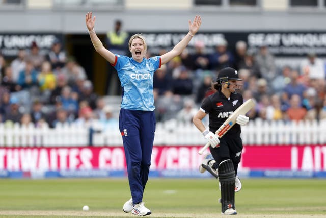 England’s Lauren Bell celebrates during her five-wicket haul against New Zealand at Bristol (Nigel French/PA)