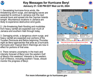 Aktuelle Informationen des Nationalen Wetterdienstes zum Hurrikan Beryl am Mittwochabend