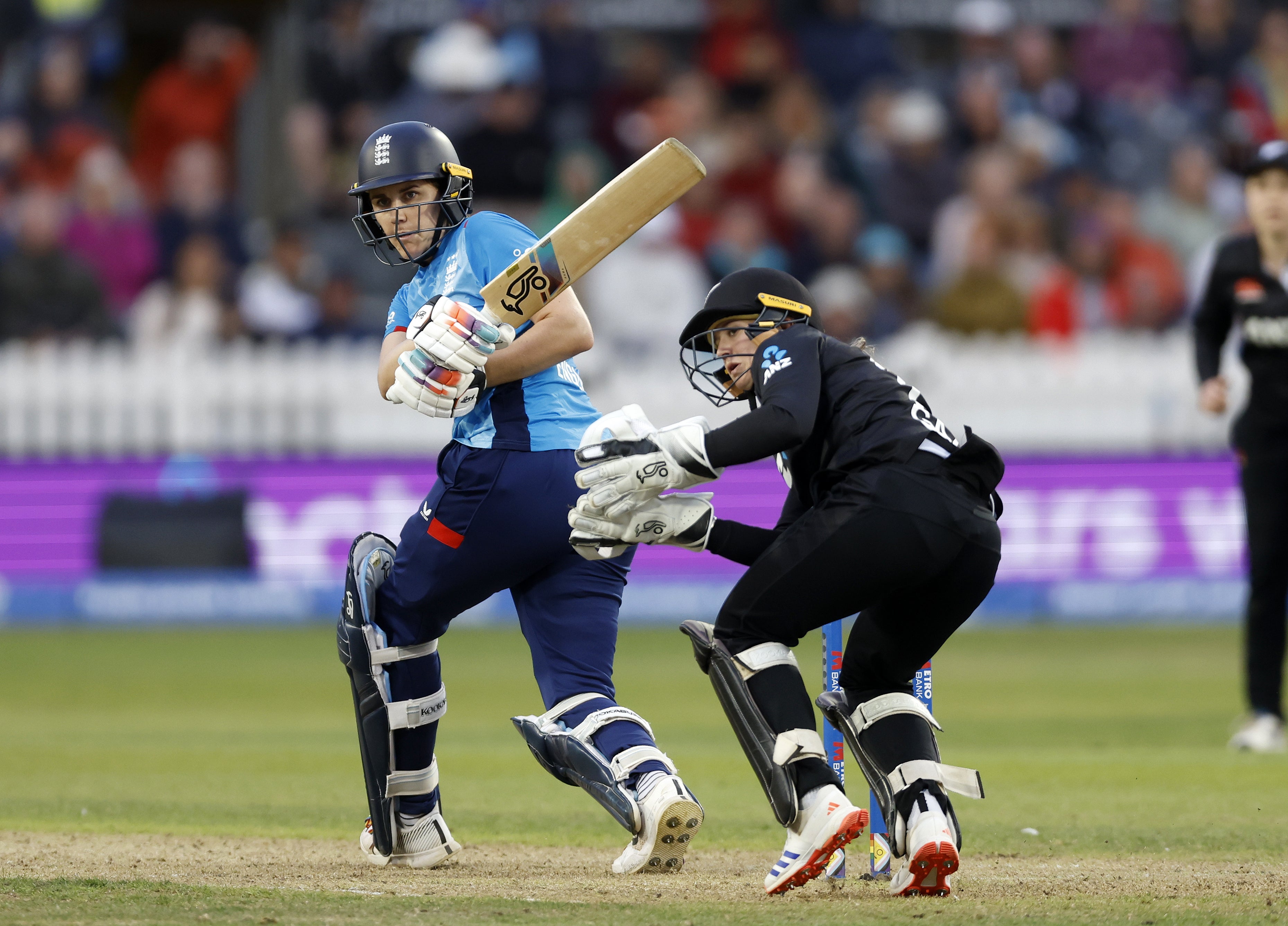 England’s Nat Sciver-Brunt smashes a boundary during her unbeaten 76 against New Zealand (Nigel French/PA)