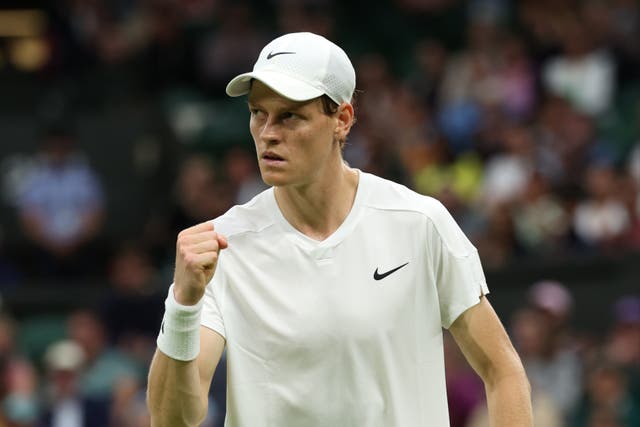 <p>Jannik Sinner celebrates one of many hard-won points against Matteo Berrettini</p>