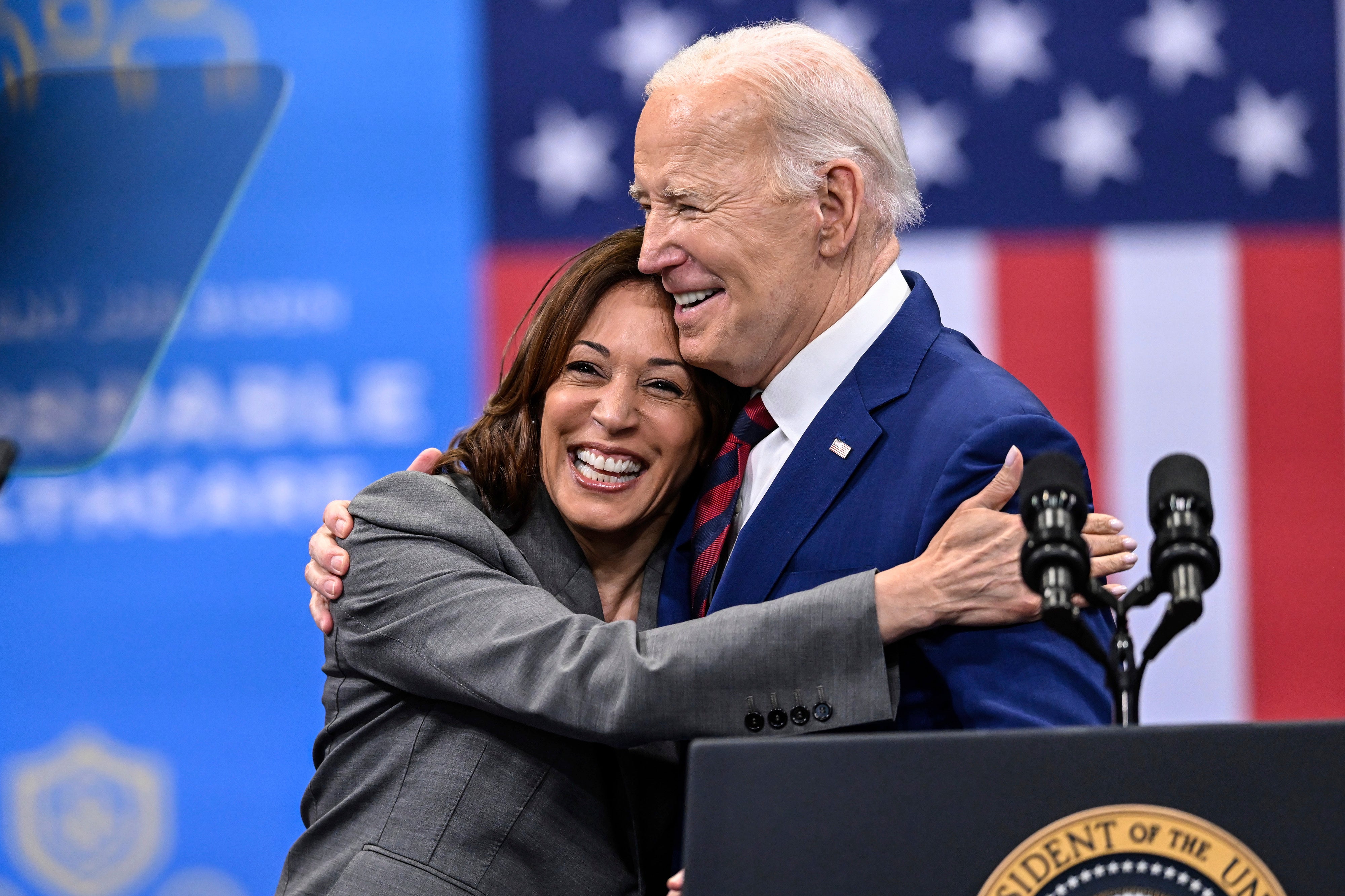 Vice President Kamala Harris embraces President Joe Biden after a speech on healthcare in North Carolina on March 26.