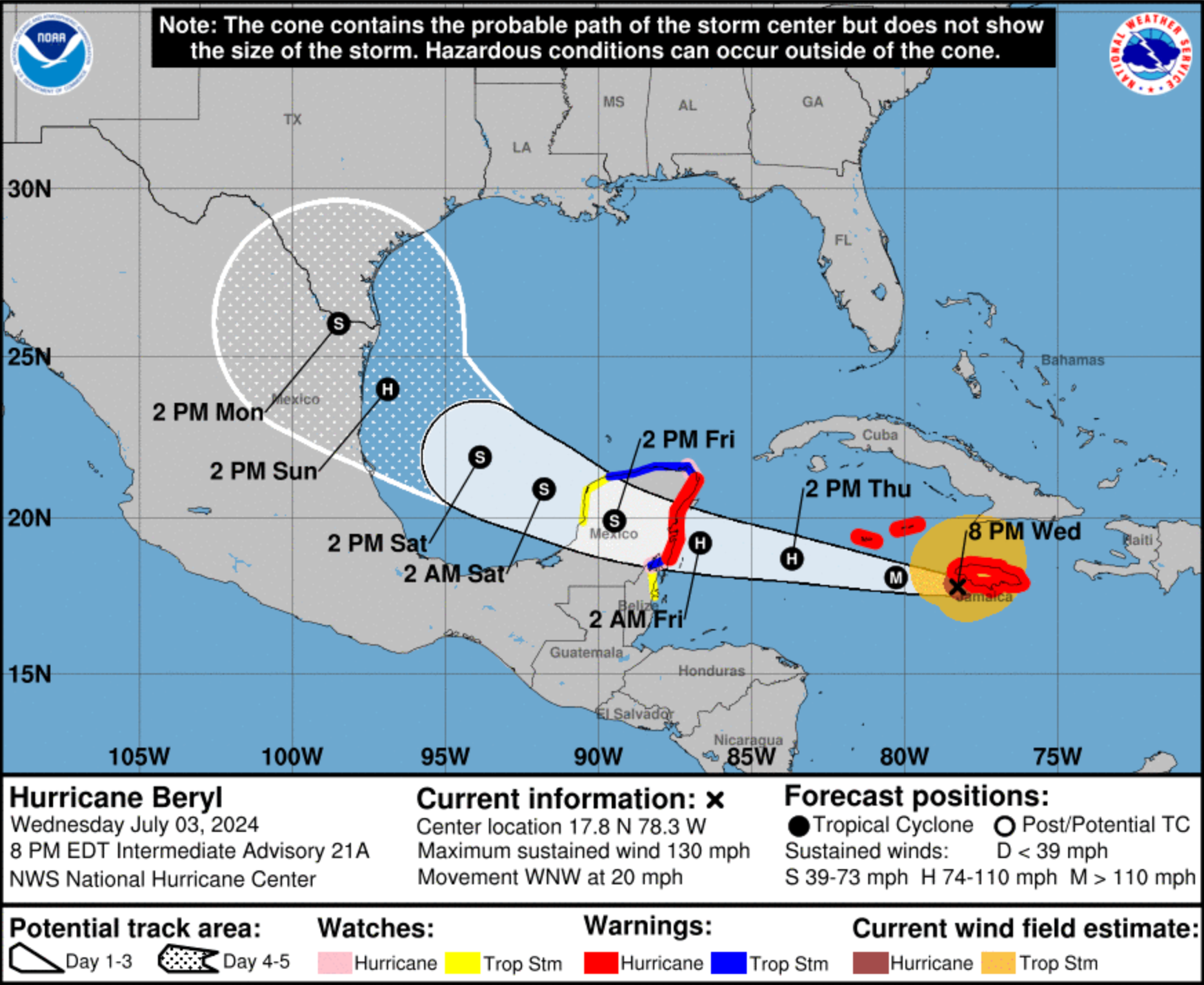 Warnung des National Hurricane Center für Beryl, Stand Mittwoch um 20 Uhr