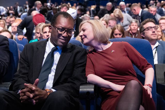 <p>Kwasi Kwarteng and Liz Truss at the Tory party confernece in September 2022 </p>