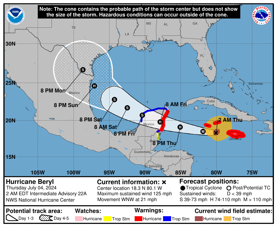Map shows warnings and forecast for Hurricane Beryl