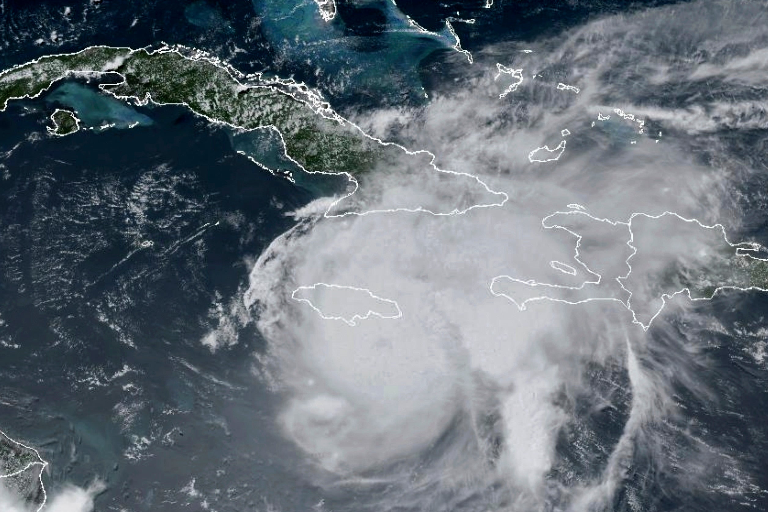 Satellite image taken on 3 July shows Hurricane Beryl moving towards Jamaica on July 3