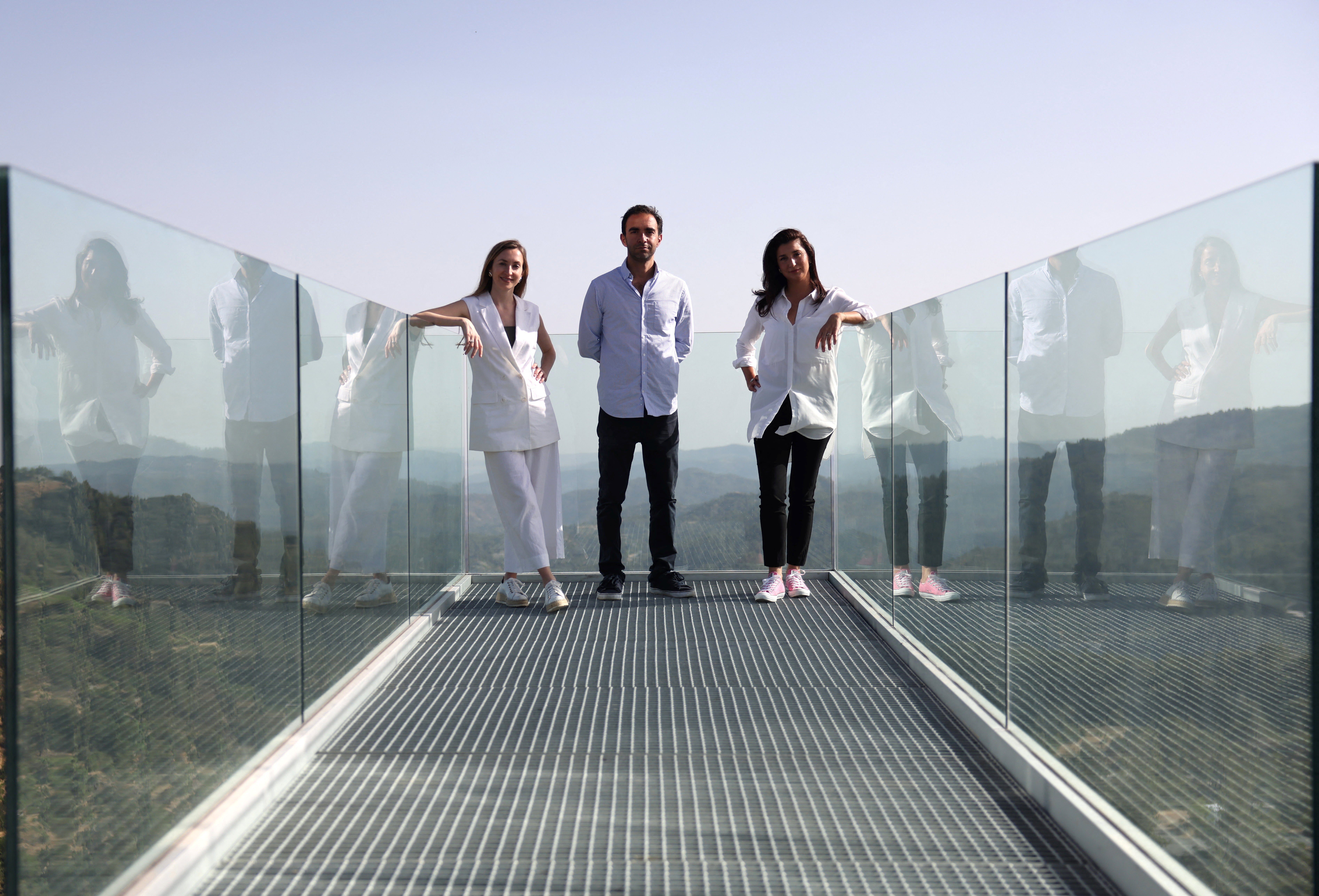 Architects Cassandra, Elena and Nicodemos Tsolakis pose for a picture at Troodos astronomical observatory in Agridia village