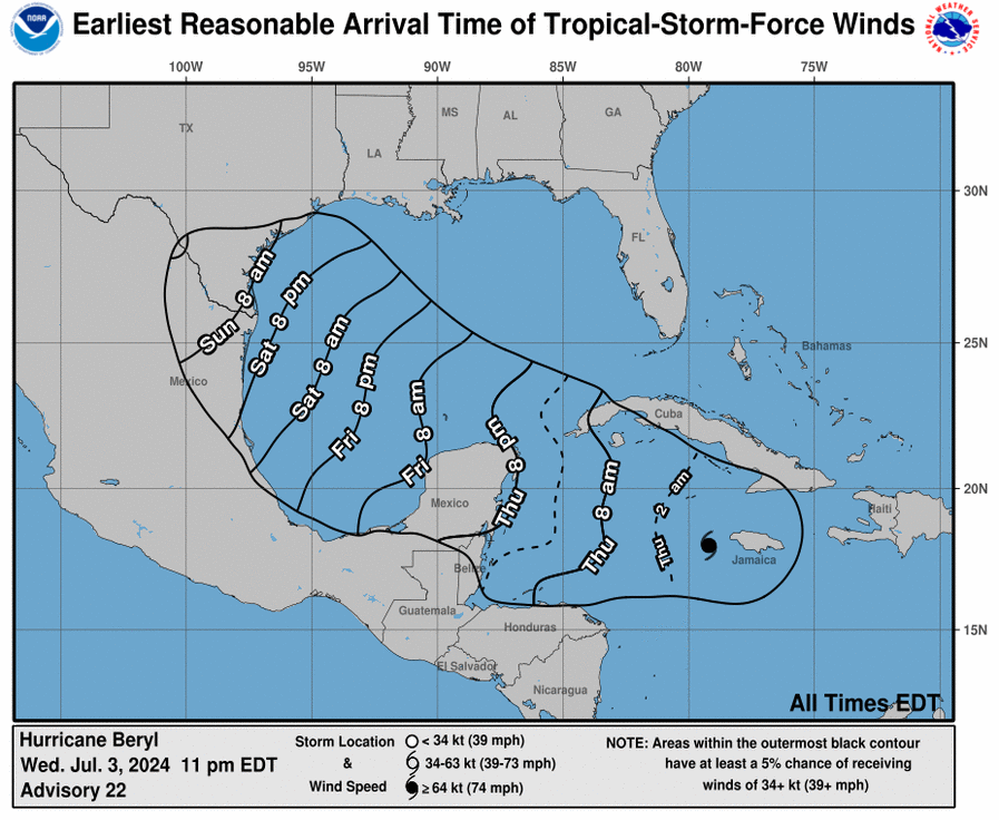 Harta arată când sosesc vânturile cu forță de furtună tropicală