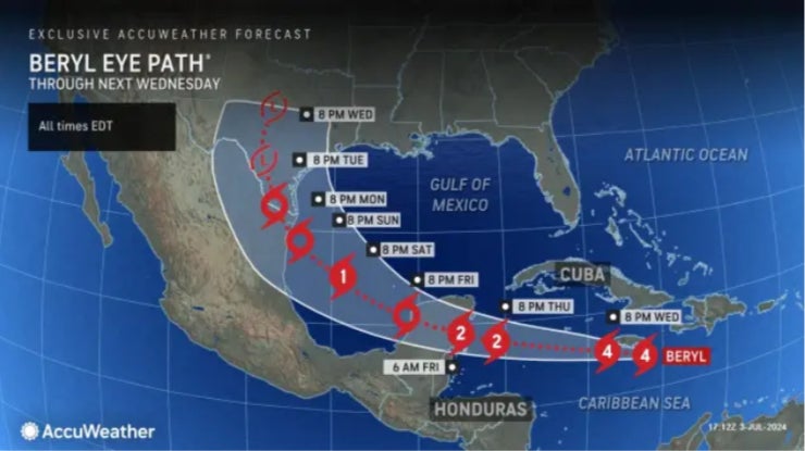Prognoza AccuWeather privind traseul uraganului Beryl în timp ce acesta se deplasează spre vest din Jamaica