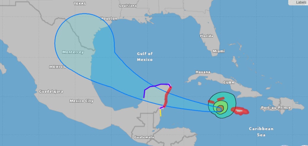 Harta arată uraganul Beryl care traversează Jamaica spre Mexic joi devreme