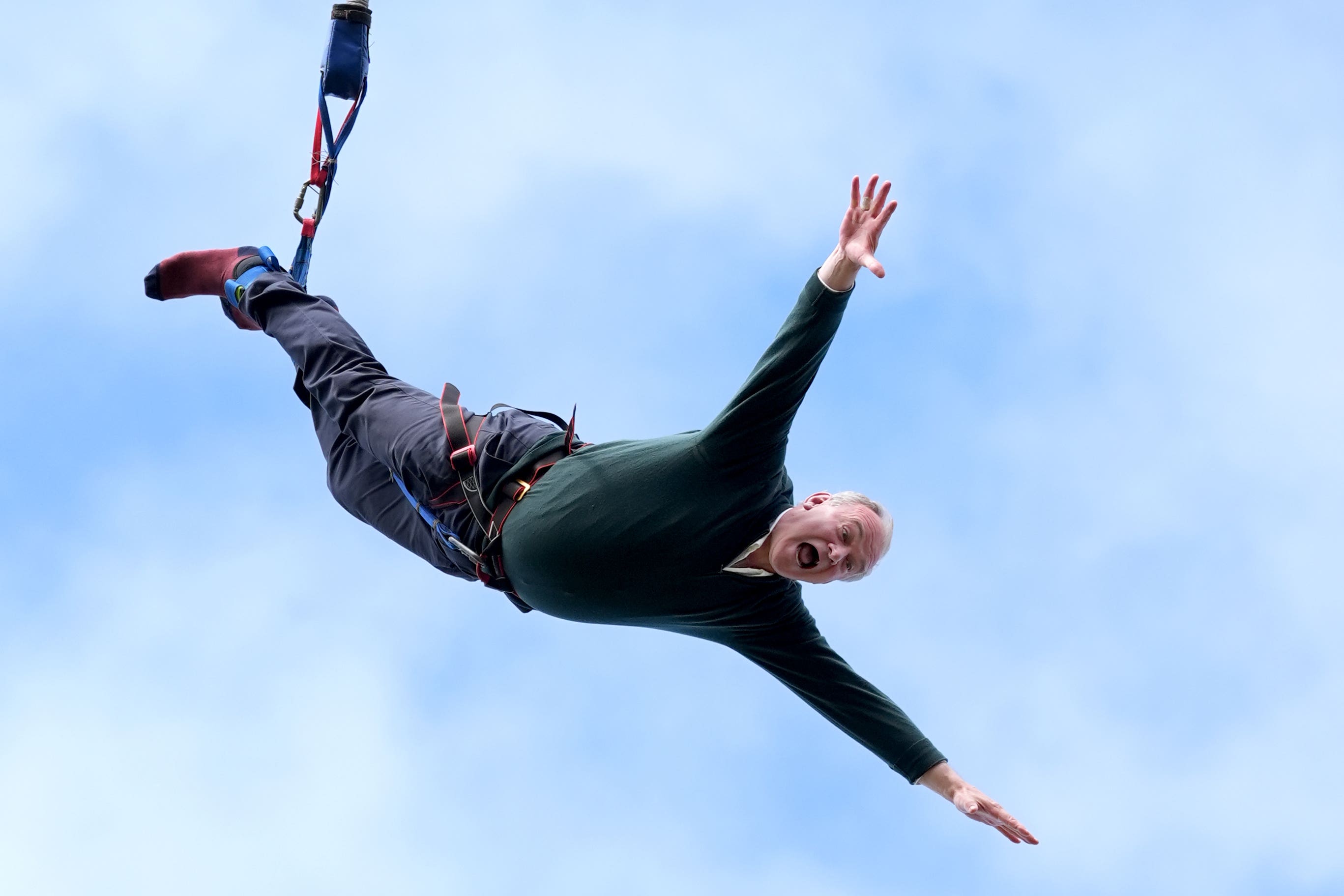 Sir Ed was hoping for a bounce in the polls when he undertook a bungee jump during a visit to Eastbourne Borough Football Club in East Sussex (Gareth Fuller/PA)