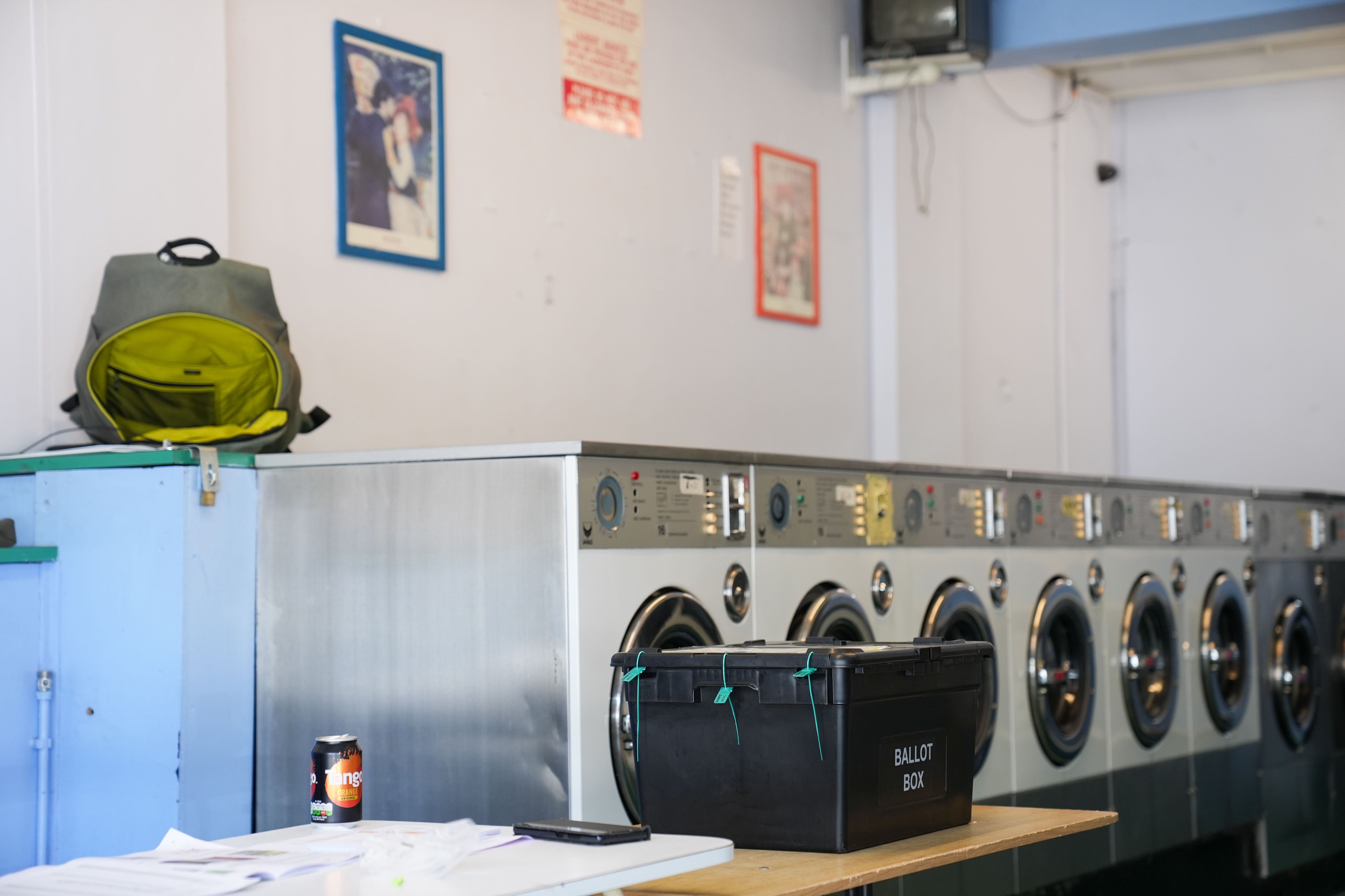 A polling station that has been installed inside a launderette in Oxford, as people in the United Kingdom go to the polls in the 2024 General Election