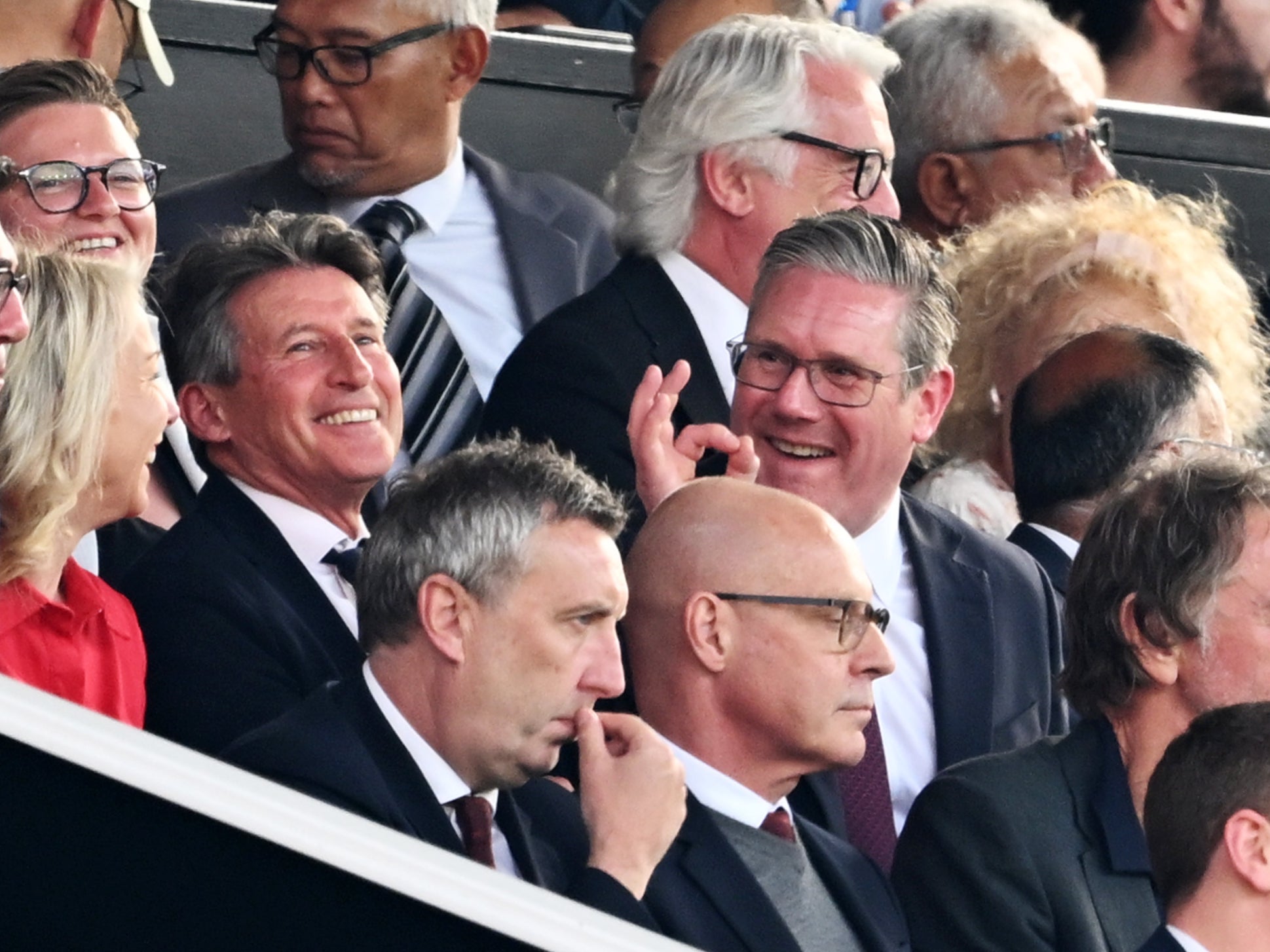 Sebastian Coe and Sir Keir Starmer at a Premier League match between Manchester United and Arsenal in May 2024