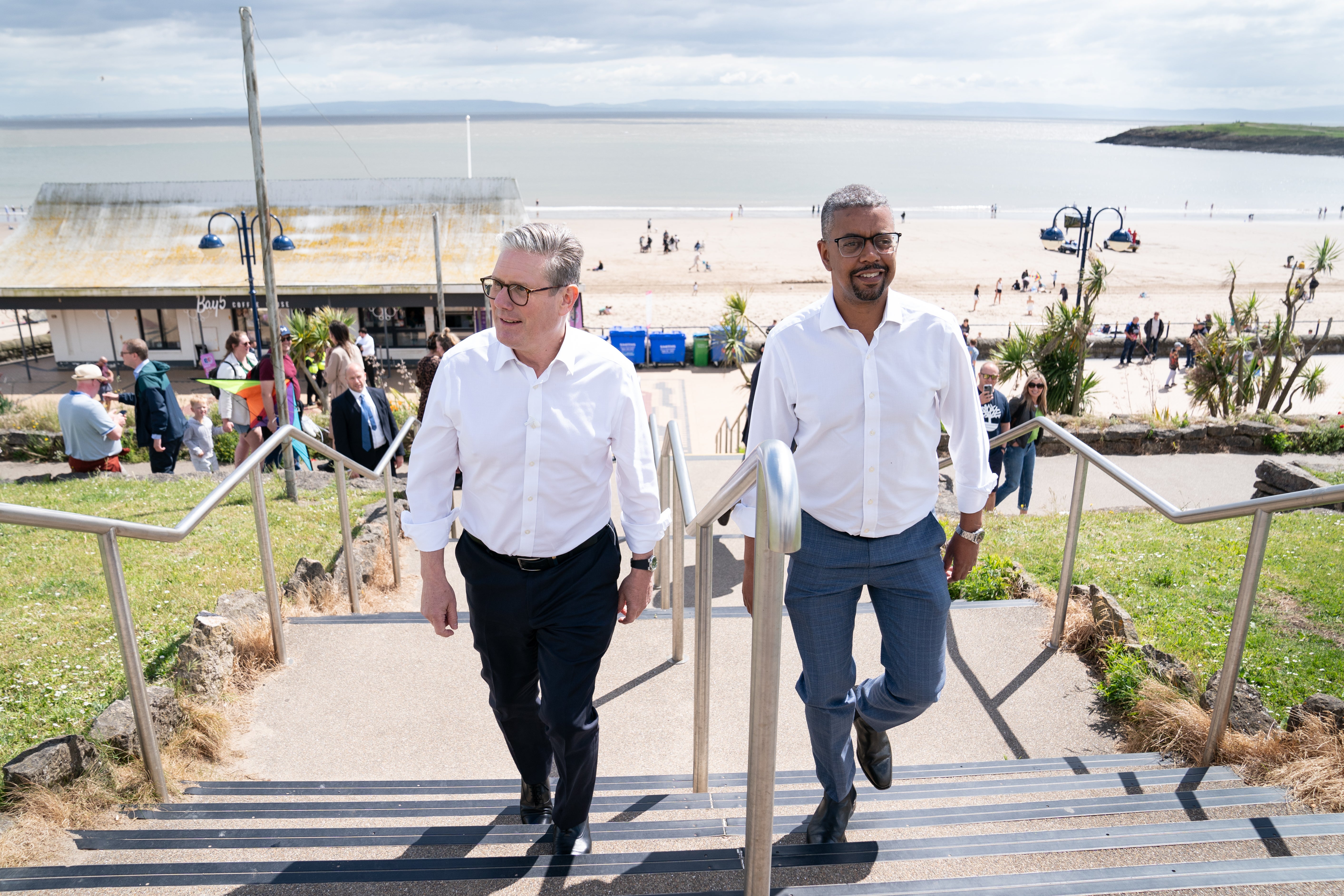 Sir Keir and First Minister of Wales Vaughan Gething enjoyed a turn on Barry seafront after launching Labour’s six steps for change in Wales in Abergavenny (Stefan Rousseau/PA)