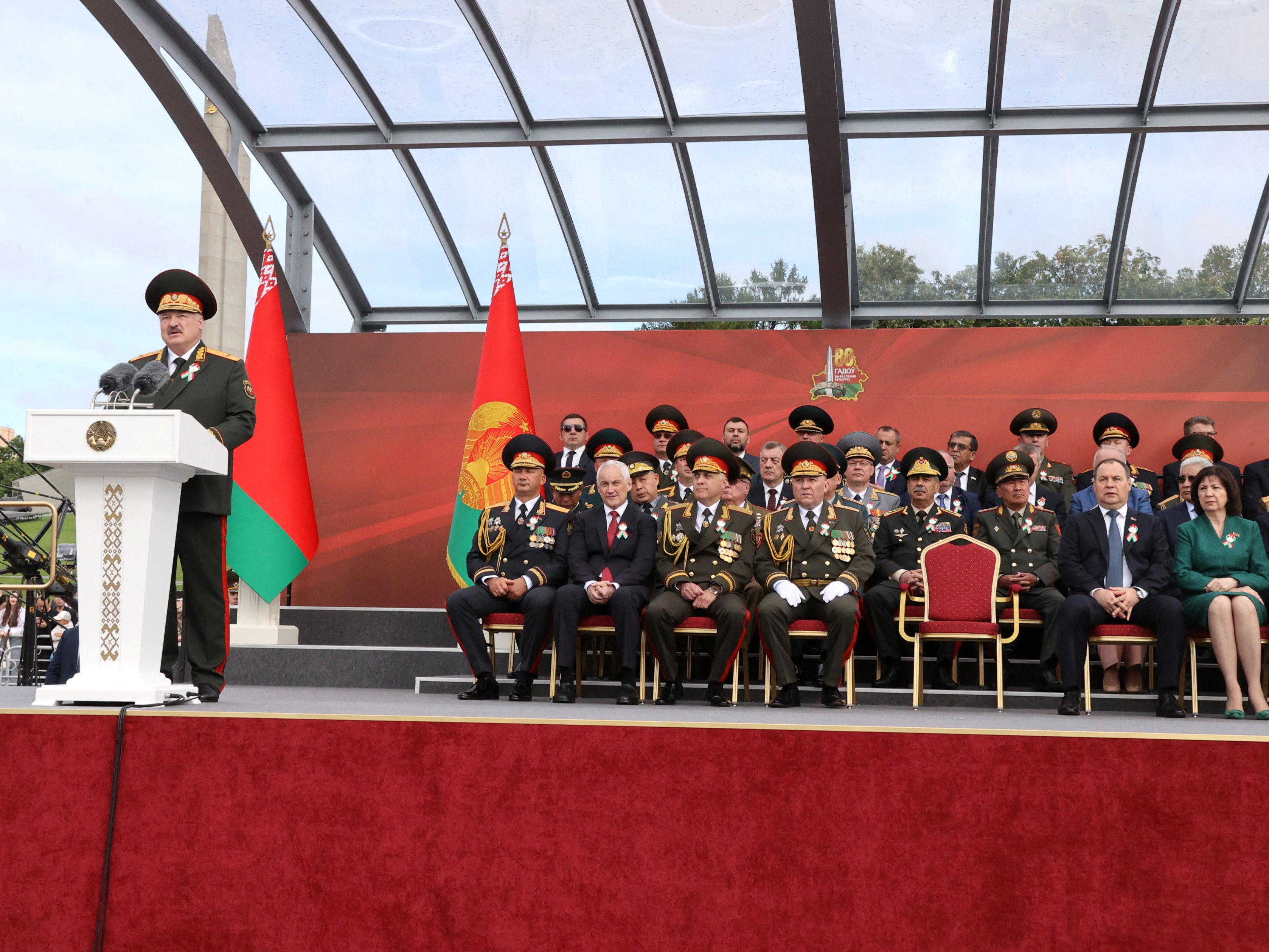 Alexander Lukashenko delivers a speech during a military parade marking independence day and the 80th anniversary of the Soviet liberation of Minsk from the Nazis