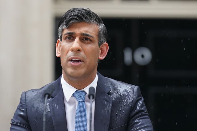 <p>How it began: Prime Minister Rishi Sunak issues a statement outside 10 Downing Street in the middle of a rain storm on May 22 calling a General Election for July 4 (Stefan Rousseau/PA)</p>