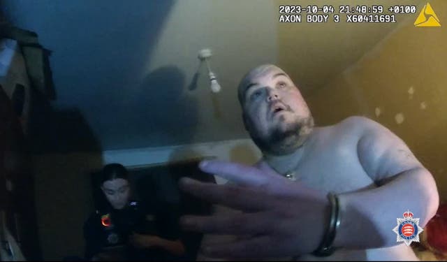 <p>Police body-worn video footage of the arrest of Gavin Plumb (Essex Police/PA)</p>