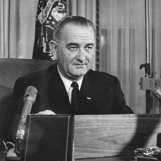 <p>Lyndon Baines Johnson addresses the nation on his first Thanksgiving Day TV program, broadcast from the executive offices of the White House</p>