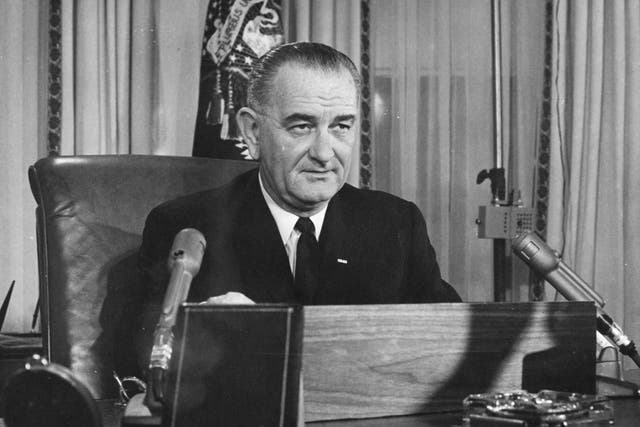 <p>Lyndon Baines Johnson addresses the nation on his first Thanksgiving Day TV program, broadcast from the executive offices of the White House</p>