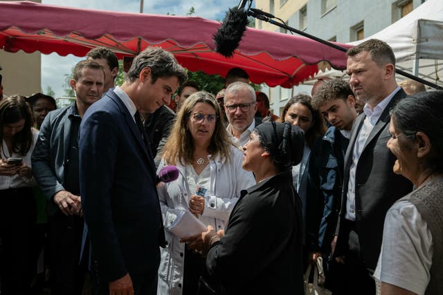 <p>France’s prime minister Gabriel Attal, front left, on the campaign trail</p>