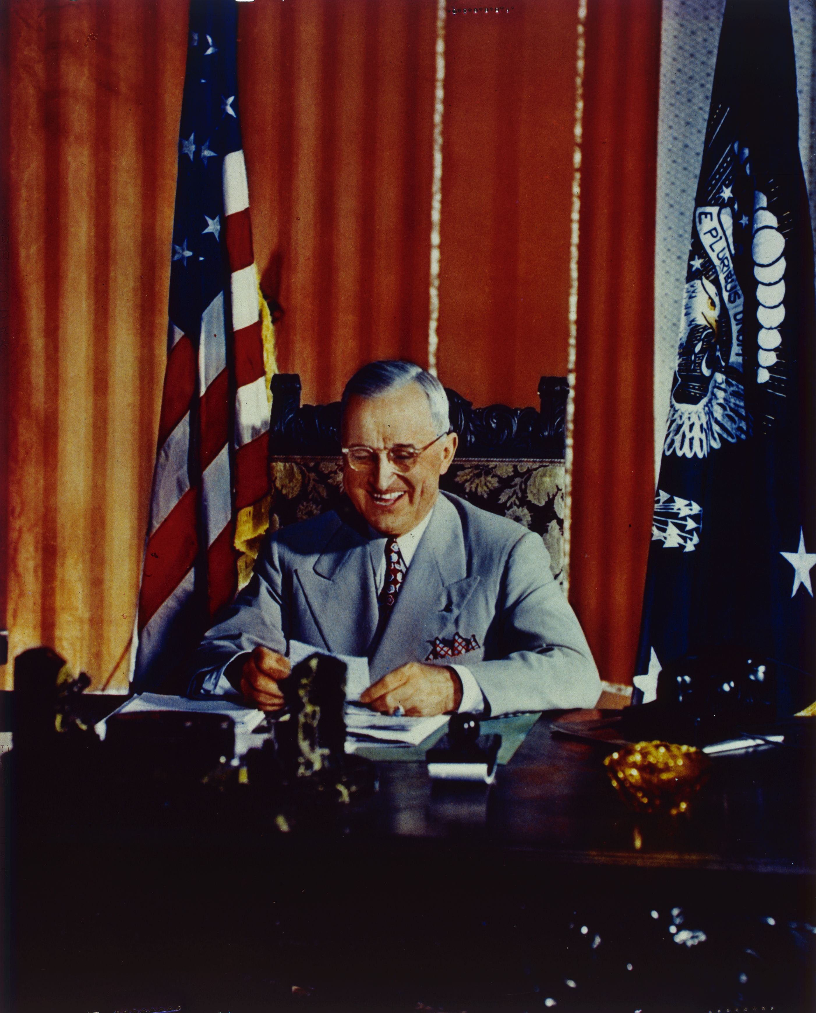 US President Harry S Truman (1884-1972) signed the Foreign Aid Assistance Act in 1947 in Washington, DC, but chose not to run in the 1952 election