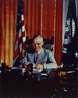 US President Harry S Truman (1884-1972) signed the Foreign Aid Assistance Act in 1947 in Washington, DC, but chose not to run in the 1952 election