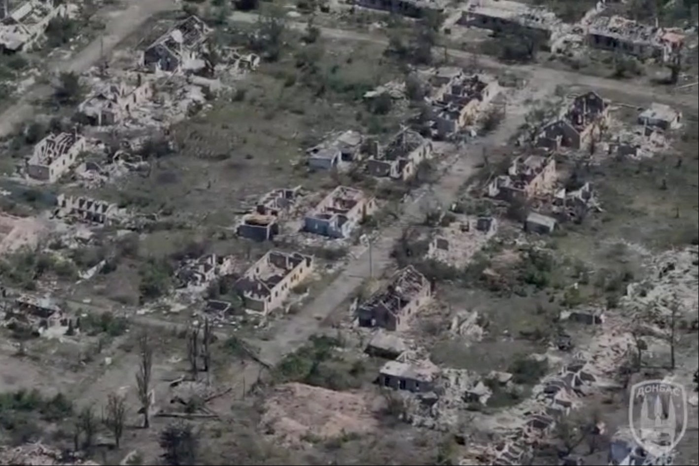 Drone view shows destroyed buildings in the frontline town of Chasiv Yar
