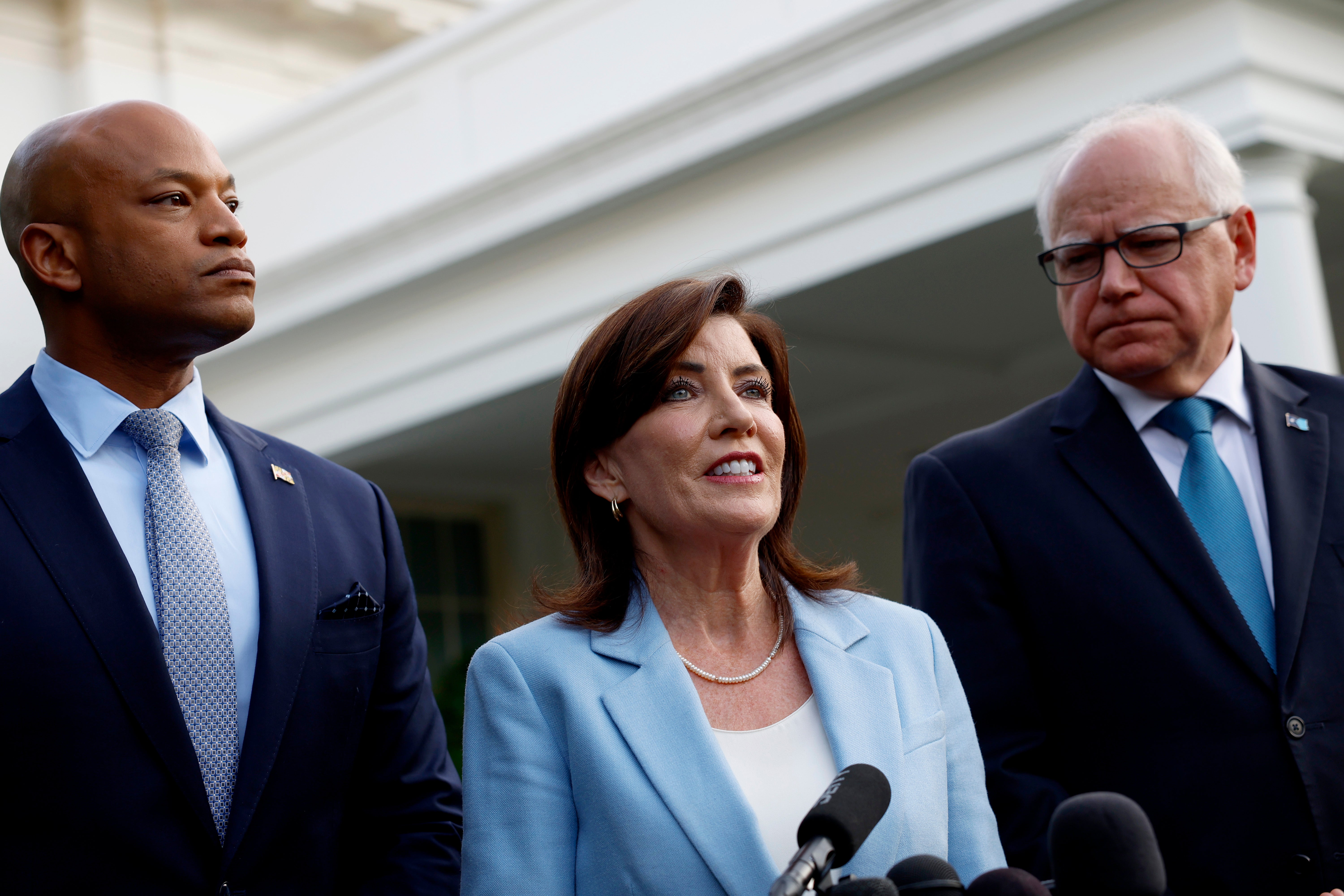 Democratic governors Wes Moore of Maryland, Kathy Hochul of New York and Tim Walz of Minnesota speak to reporters after meeting with President Joe Biden on July 3.