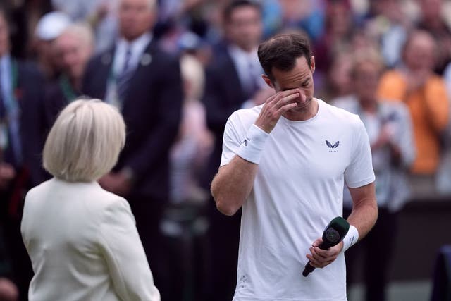 <p>Andy Murray struggles to hold back the tears while talking to presenter Sue Barker after his Centre Court defeat </p>