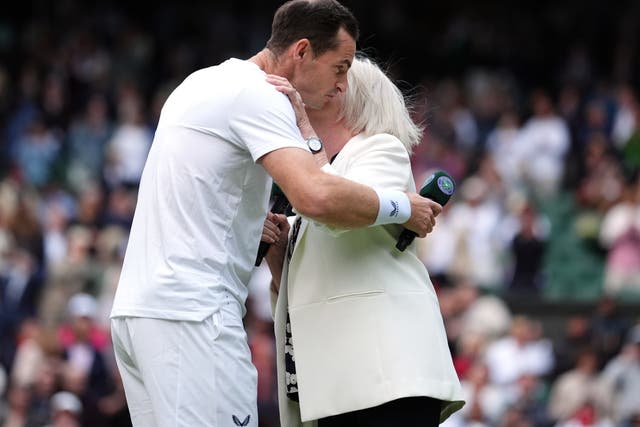 <p>Sir Andy Murray with Sue Barker following his gentlemen’s doubles match with Jamie Murray (Zac Goodwin/PA)</p>