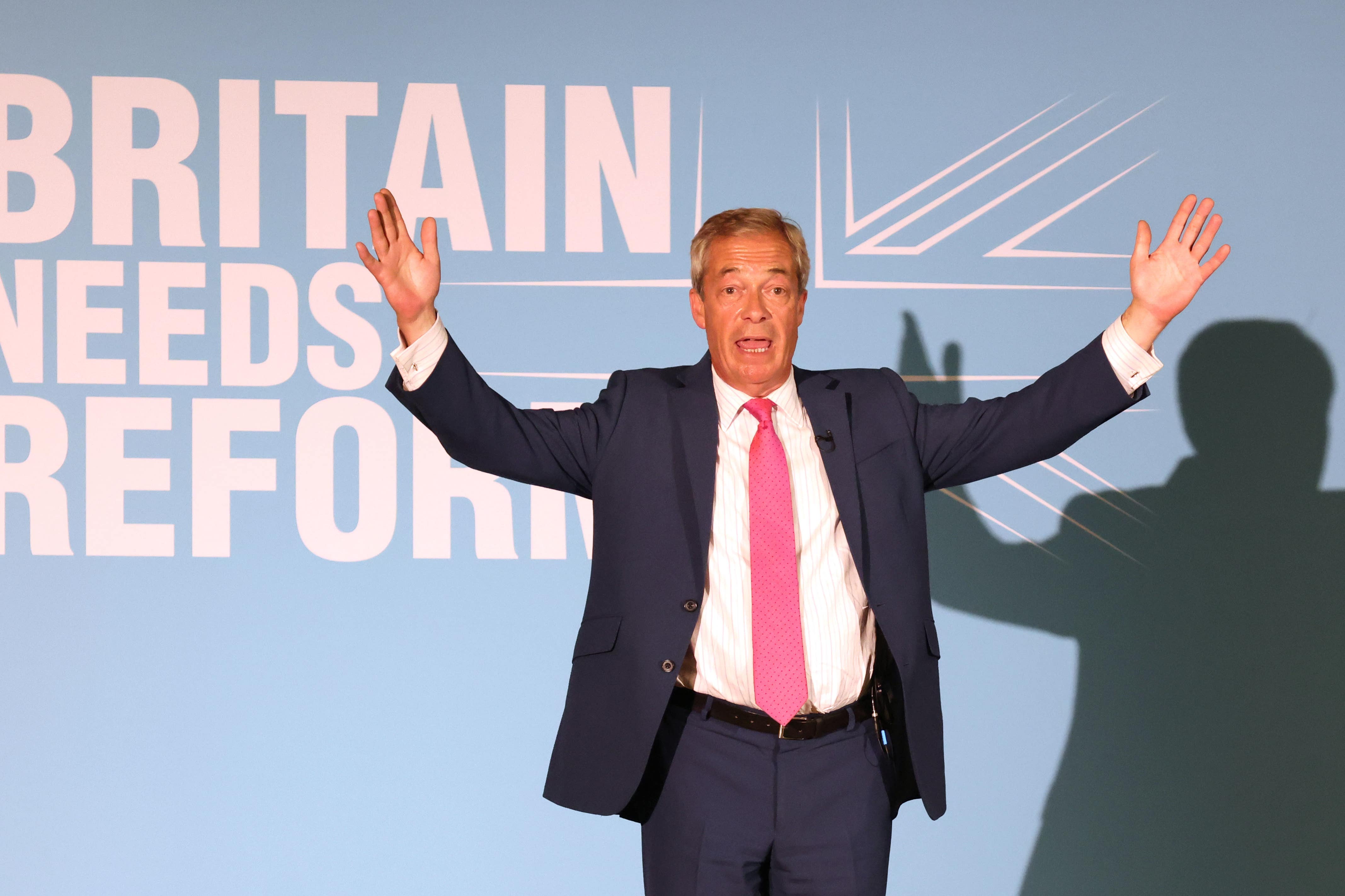 Reform UK Leader Nigel Farage speaking at a meeting in Boston, while on the General Election campaign trail