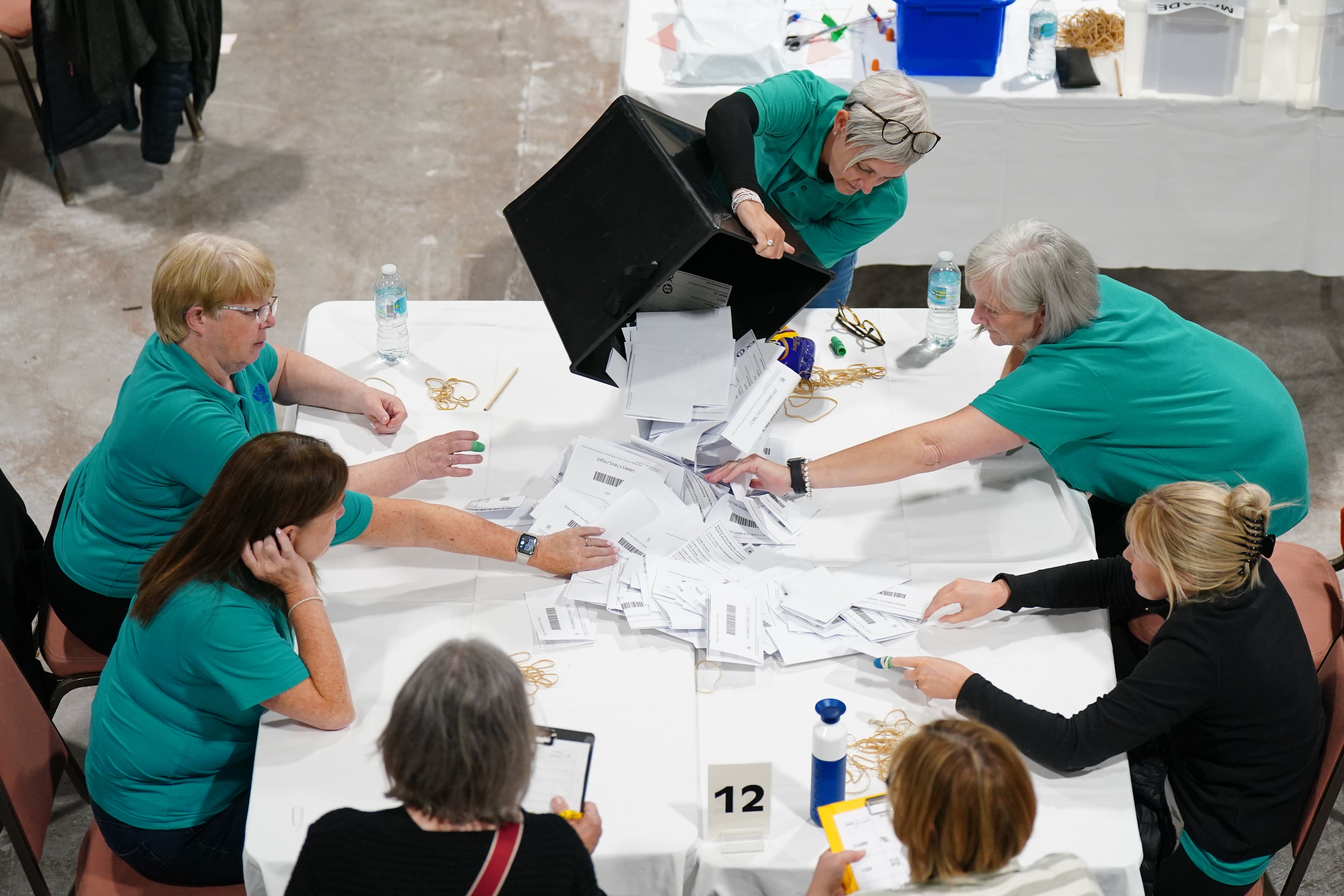 Votes being counted at the Ice Hall in the Dewars Centre, Perth, during the count for the Perth and Kinross-shire constituency (Jane Barlow/PA)