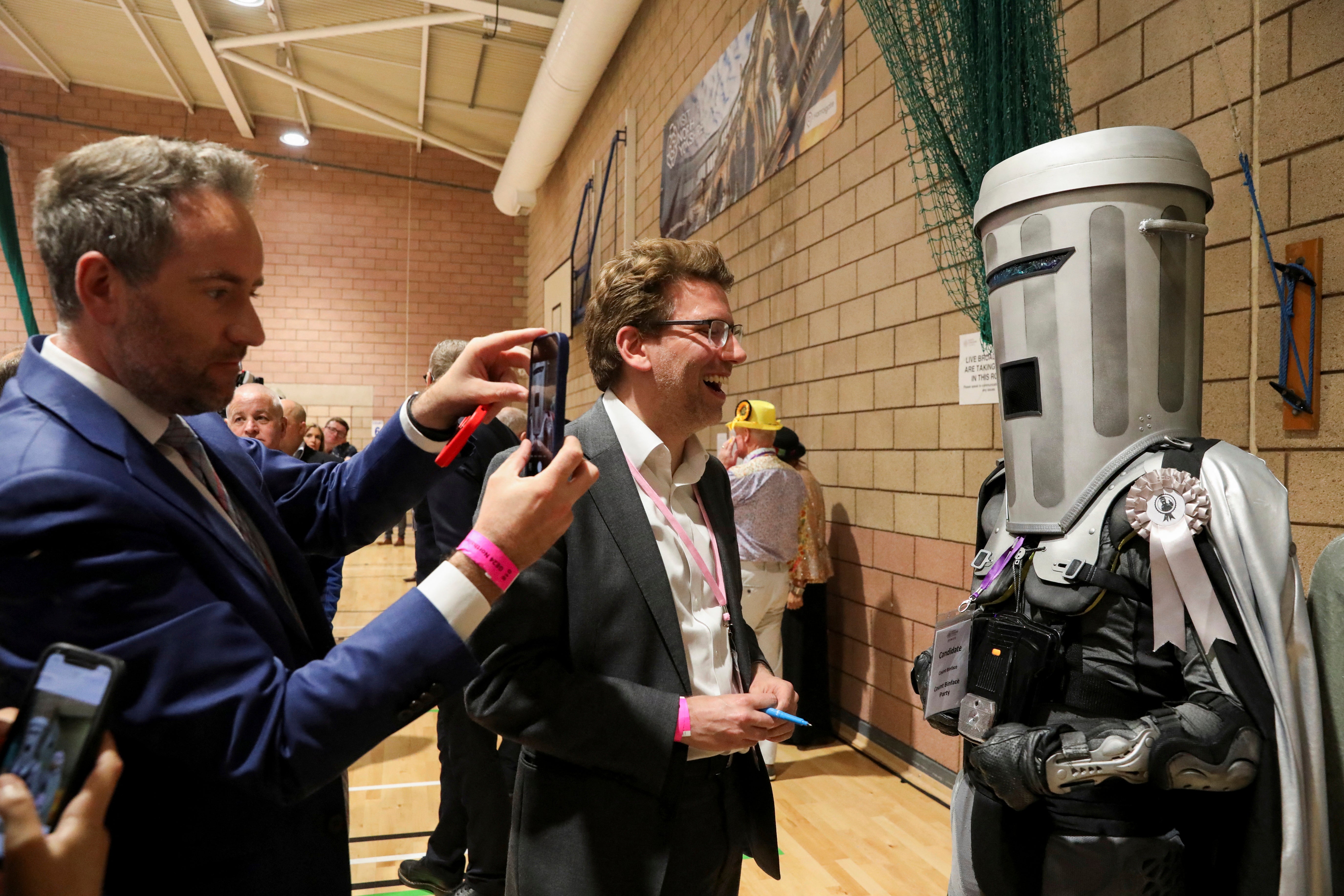 Count Binface speaks to journalists as he arrived in Richmond and North Allerton for the count