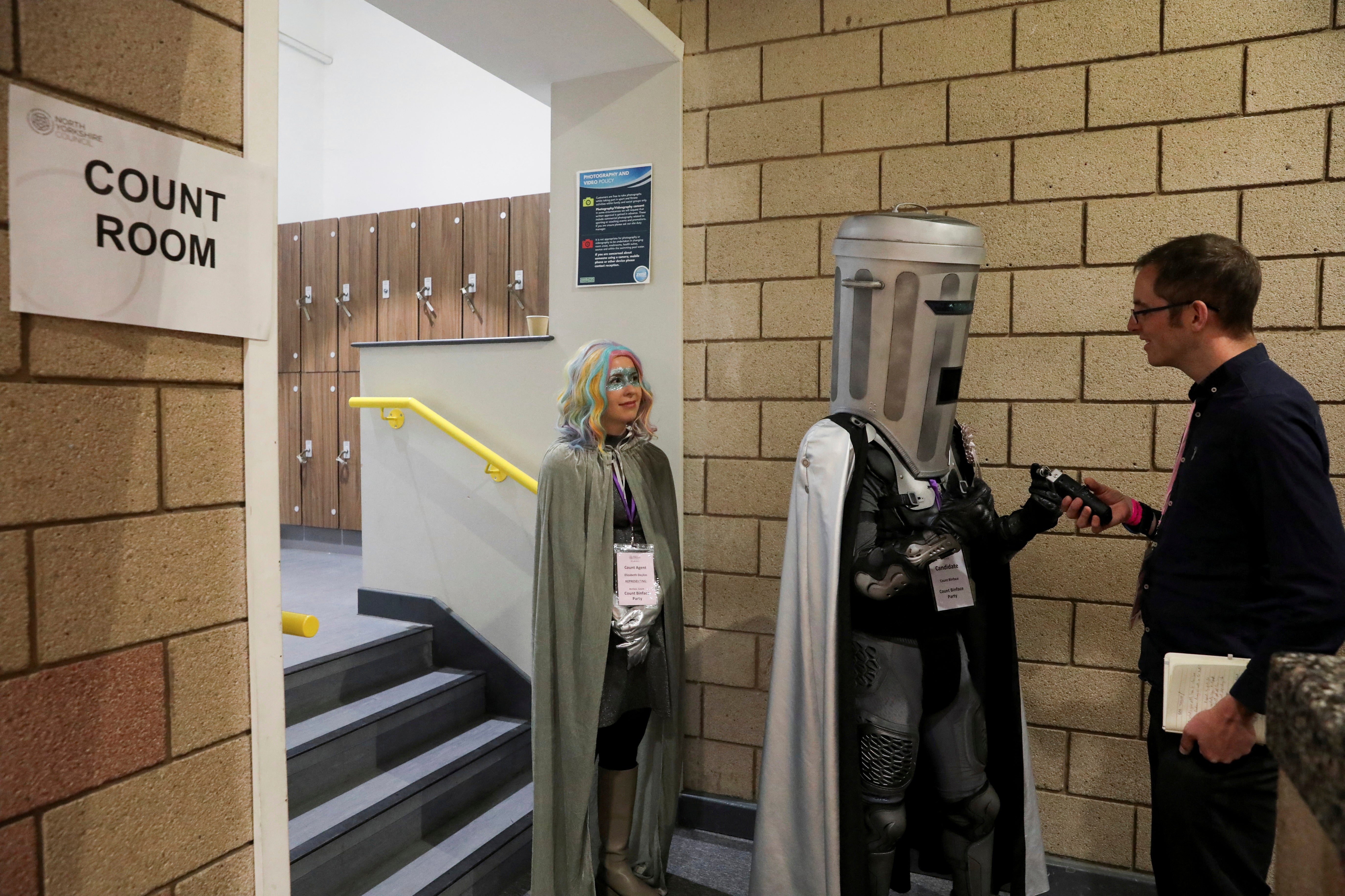 Independent candidate Count Binface arrives at the Richmond and Northallerton count, where he is contesting Rishi Sunak’s seat