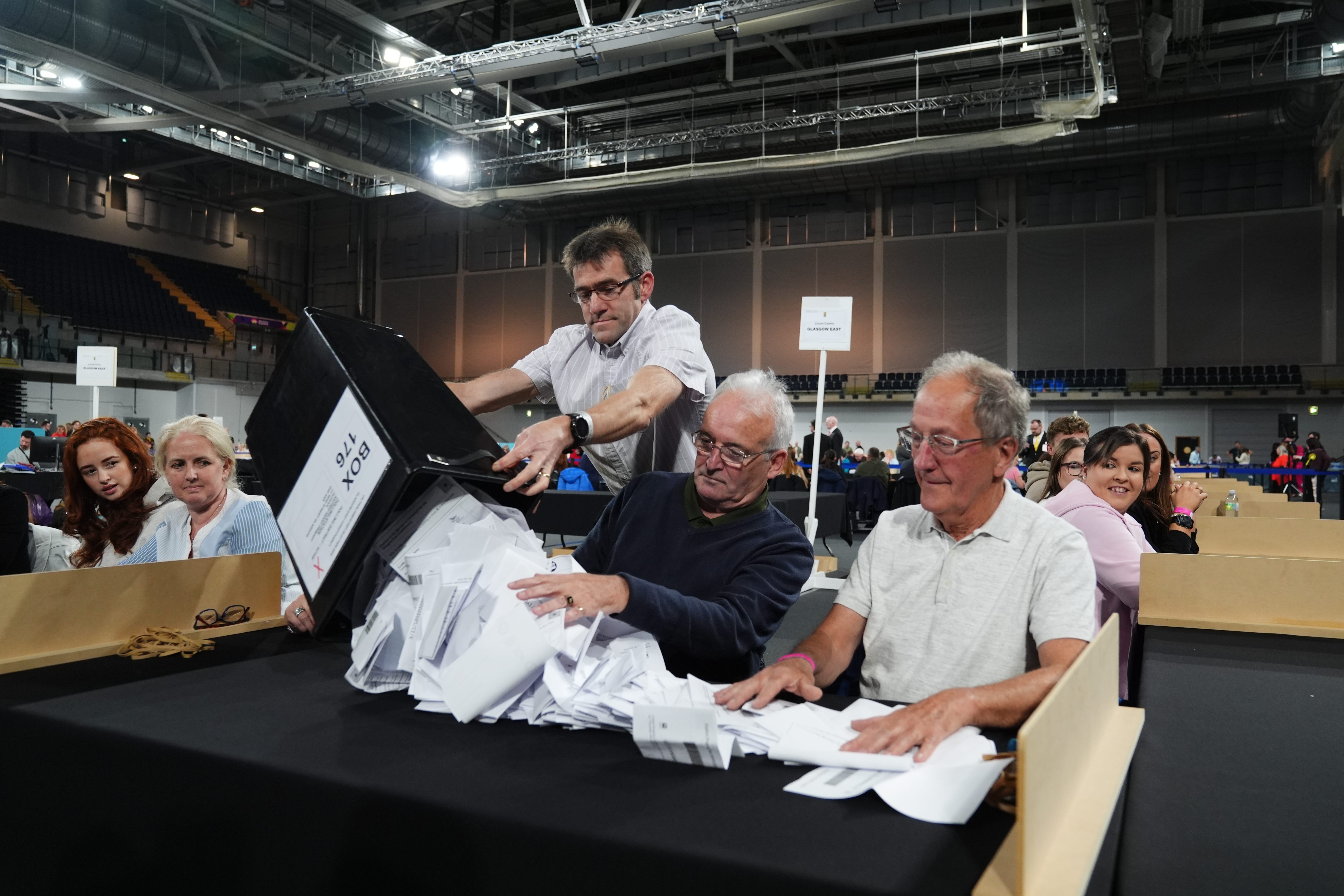 Votes are counted at Emirates Arena in Glasgow, during the count for Glasgow Central and Glasgow South constituencies