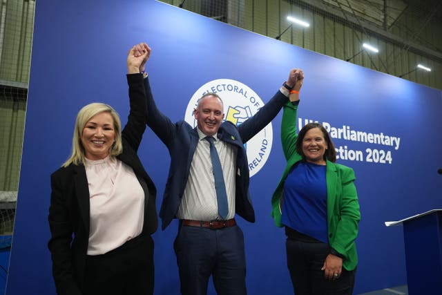 Sinn Fein MP for Mid Ulster Cathal Mallaghan celebrates his election with Michelle O’Neill and Mary Lou McDonald at Meadowbank Sports Arena, Magherafelt (PA)